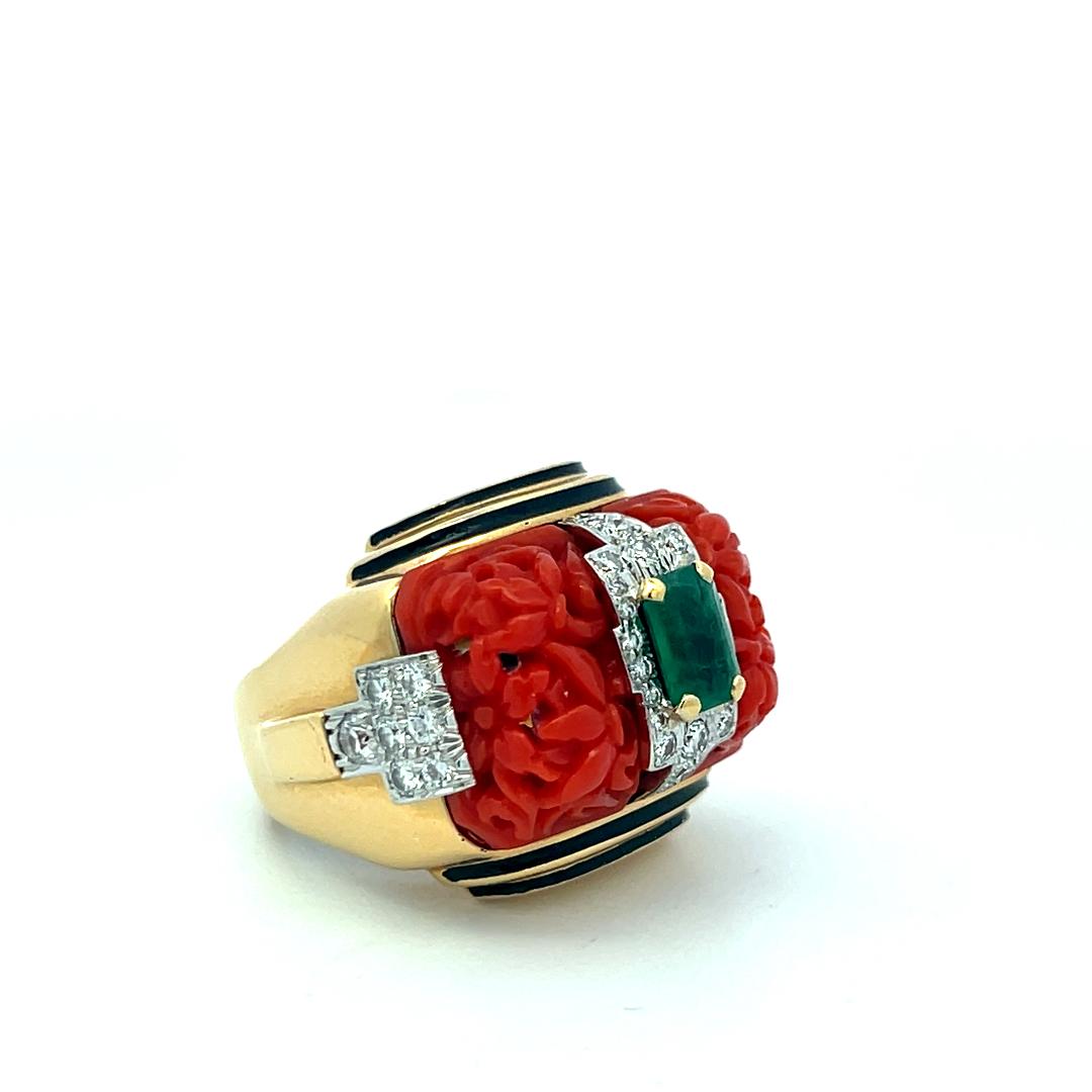 David Webb 18K YG Cocktail Ring 0.9ct Round F-VS Diamond 0.75ct Emerald Size 4.7
