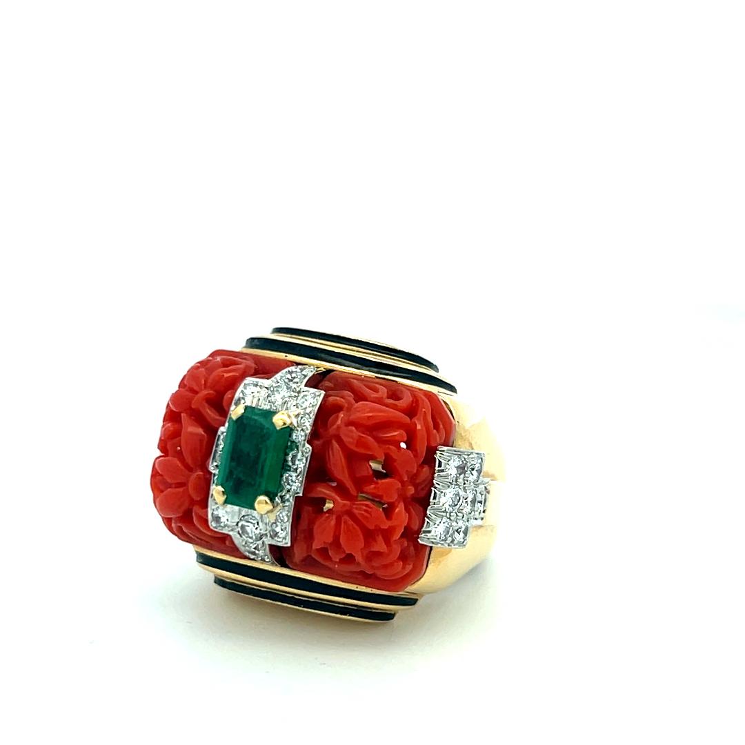 David Webb 18K YG Cocktail Ring 0.9ct Round F-VS Diamond 0.75ct Emerald Size 4.7