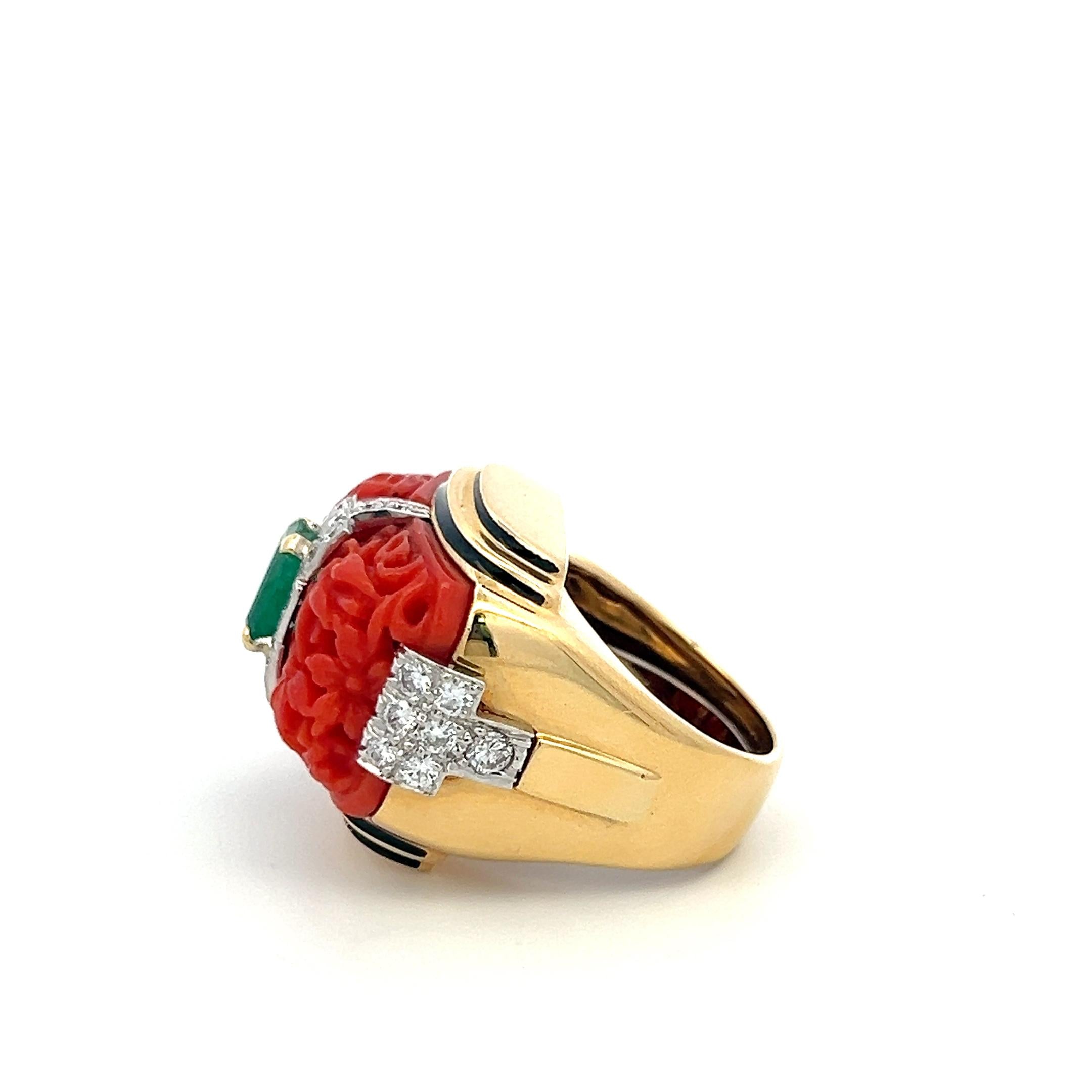 David Webb 18K YG Cocktail Ring 0.9ct Round F-VS Diamond 0.75ct Emerald Size 4.7
