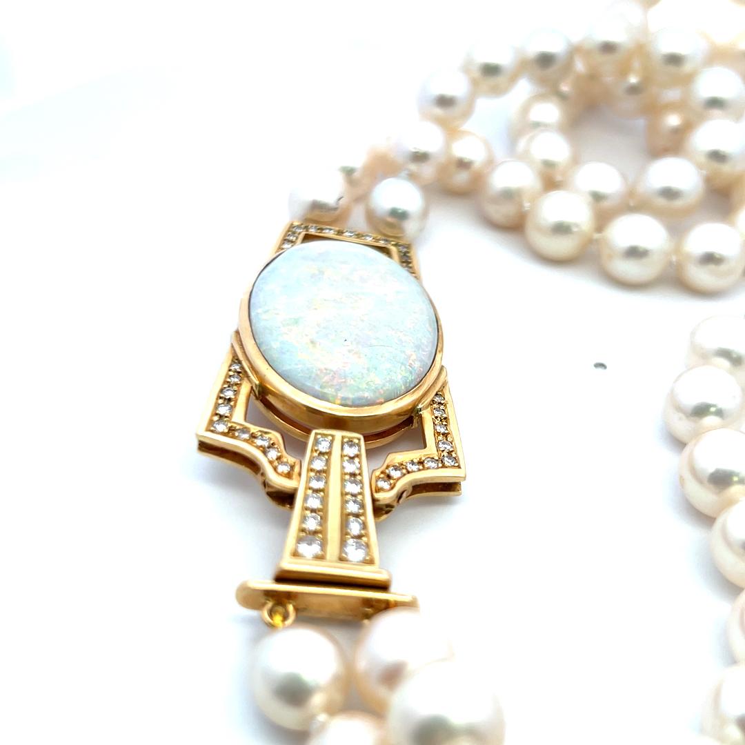 18K YG Beed Necklace with 1.1 Carat Round Diamond, 8.75MM Pearl & 22x31 MM Opal