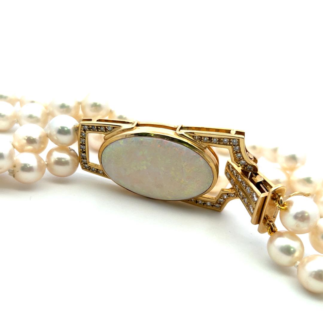 18K YG Beed Necklace with 1.1 Carat Round Diamond, 8.75MM Pearl & 22x31 MM Opal