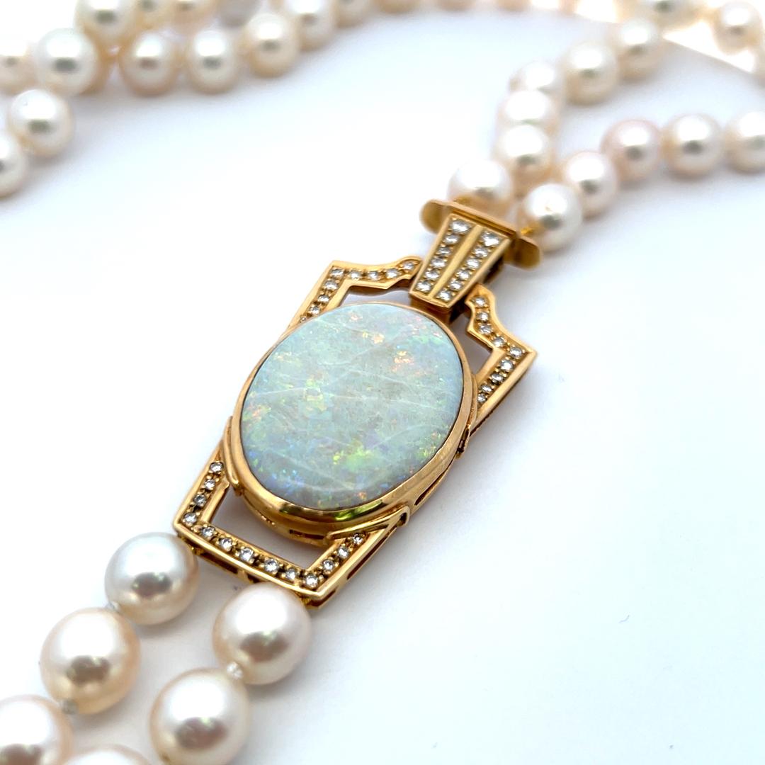 18K YG Beed Necklace with 1.1 Carat Round Diamond, 8.75MM Pearl & 22x31 MM Opal