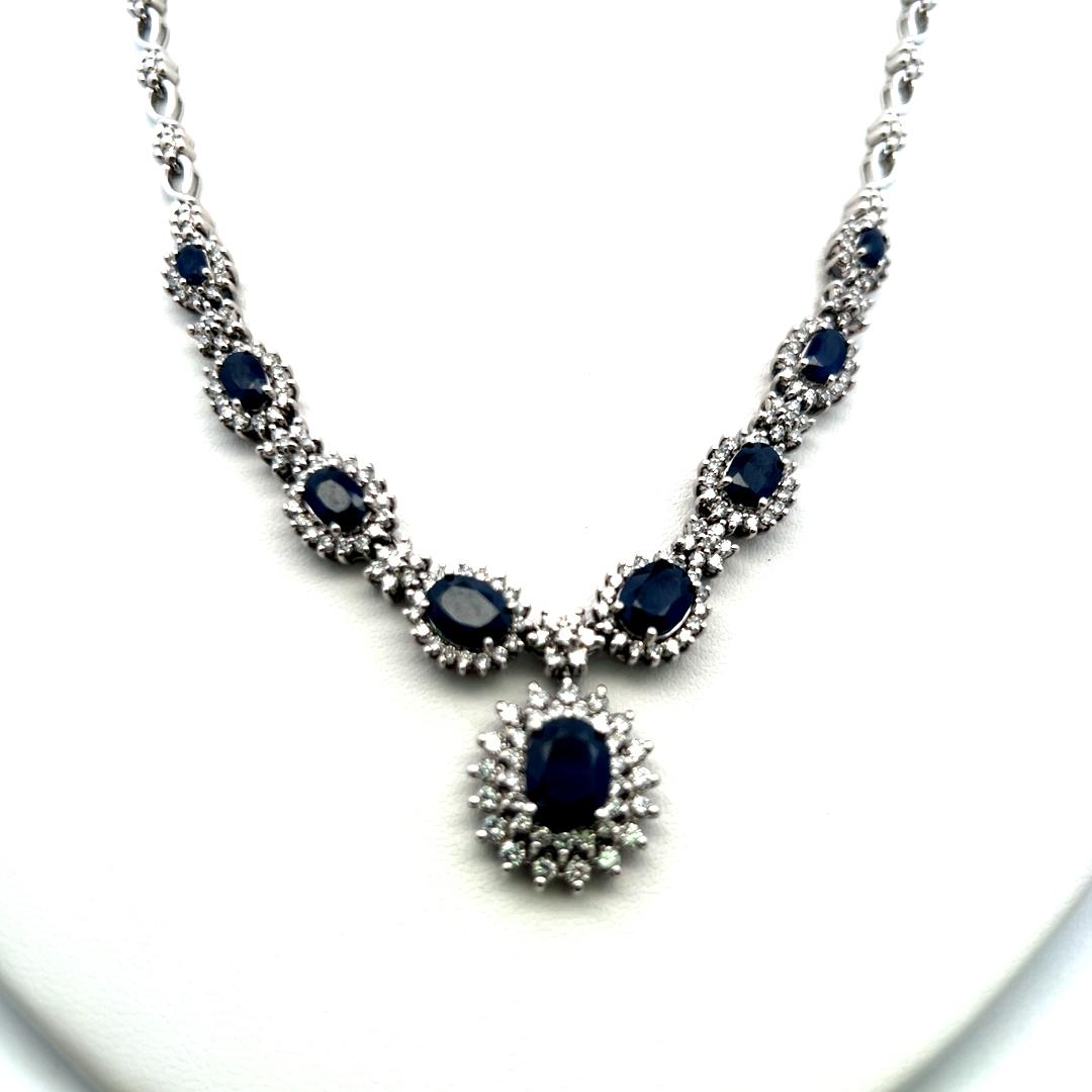 18K White Gold Riviera Necklace with 4ct Round H-VS Diamonds and 6.5ct Sapphires