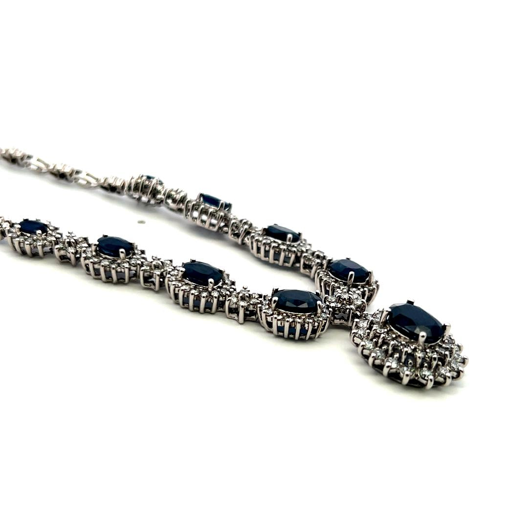 18K White Gold Riviera Necklace with 4ct Round H-VS Diamonds and 6.5ct Sapphires