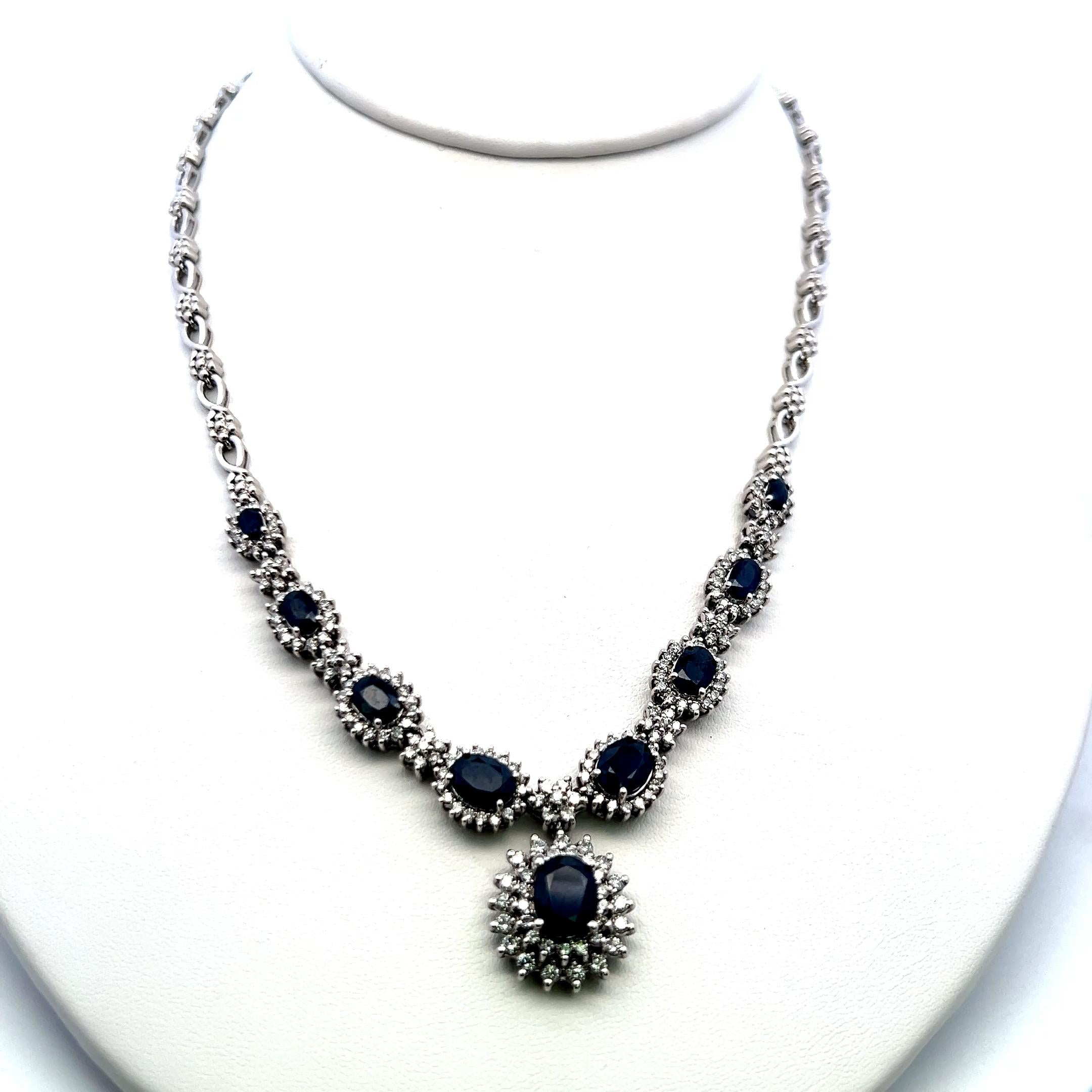 18K White Gold Riviera Necklace with 4ct Round H-VS Diamonds and 6.5ct Sapphires