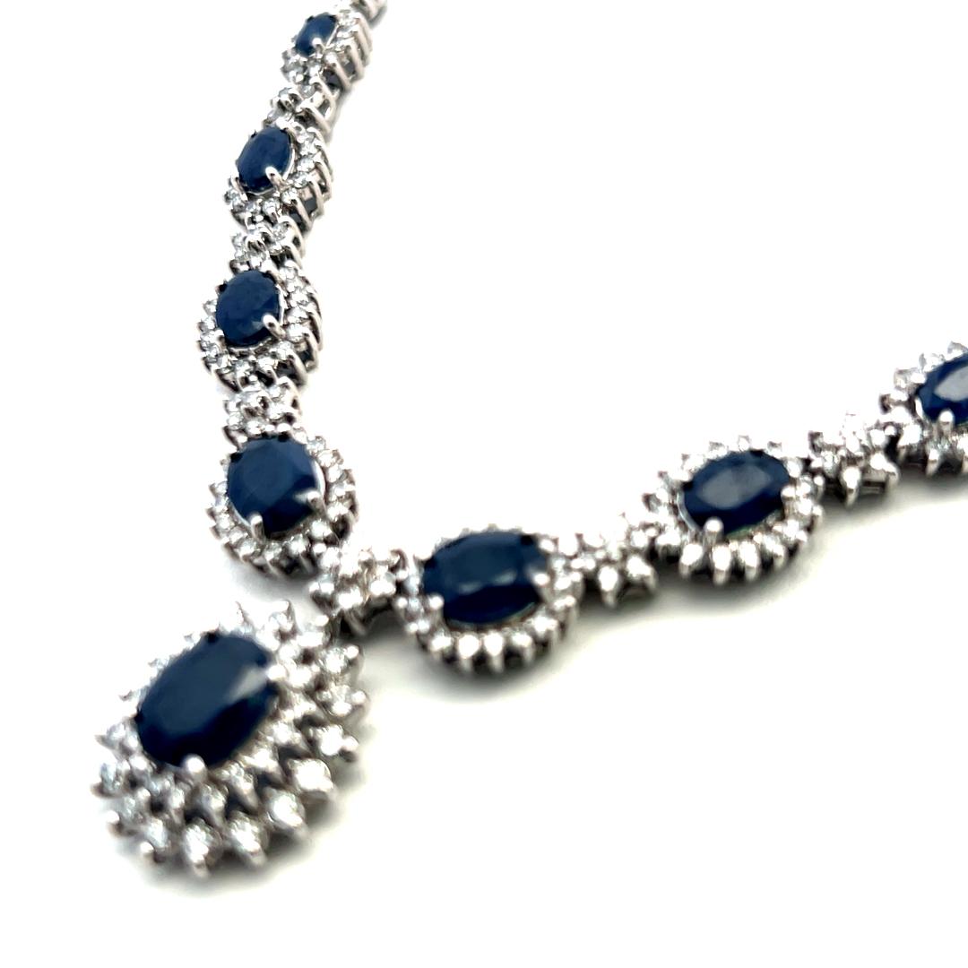 18K White Gold Riviera Necklace with 4ct Round H-VS Diamonds and 6.5ct Sapphires