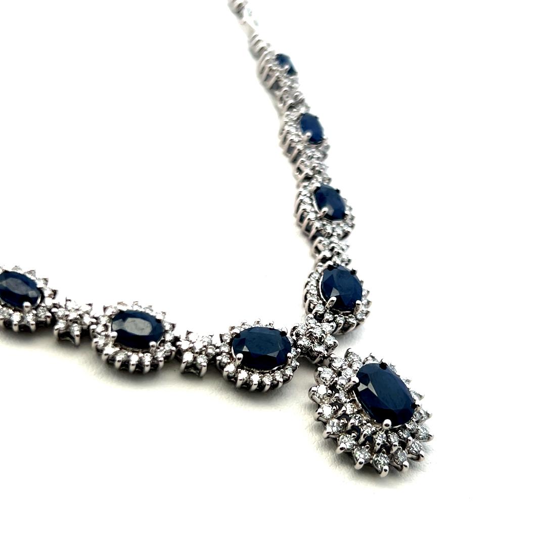 18K White Gold Riviera Necklace with 4ct Round H-VS Diamonds and 6.5ct Sapphires