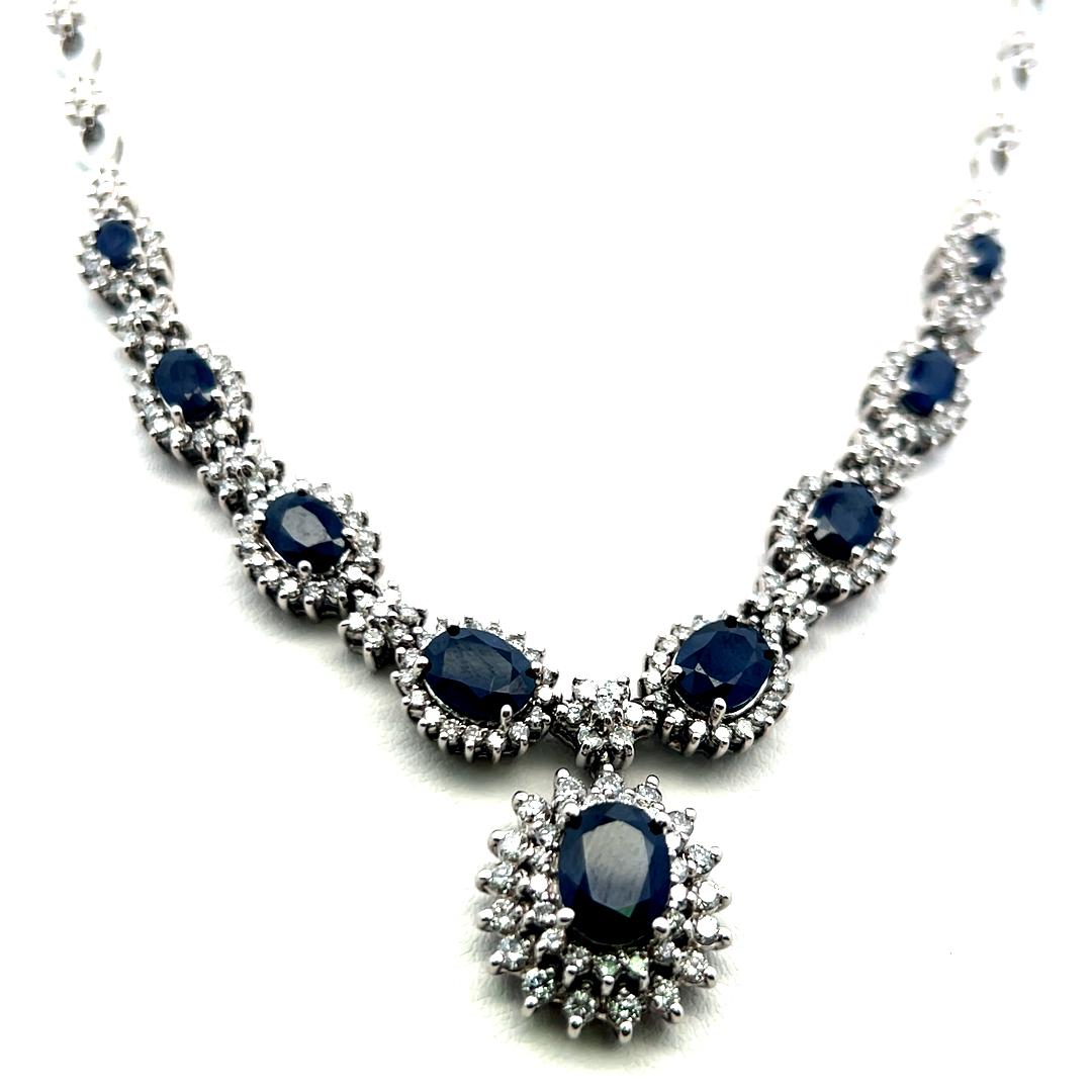 18K White Gold Riviera Necklace with 4ct Round H-VS Diamonds and 6.5ct Sapphires