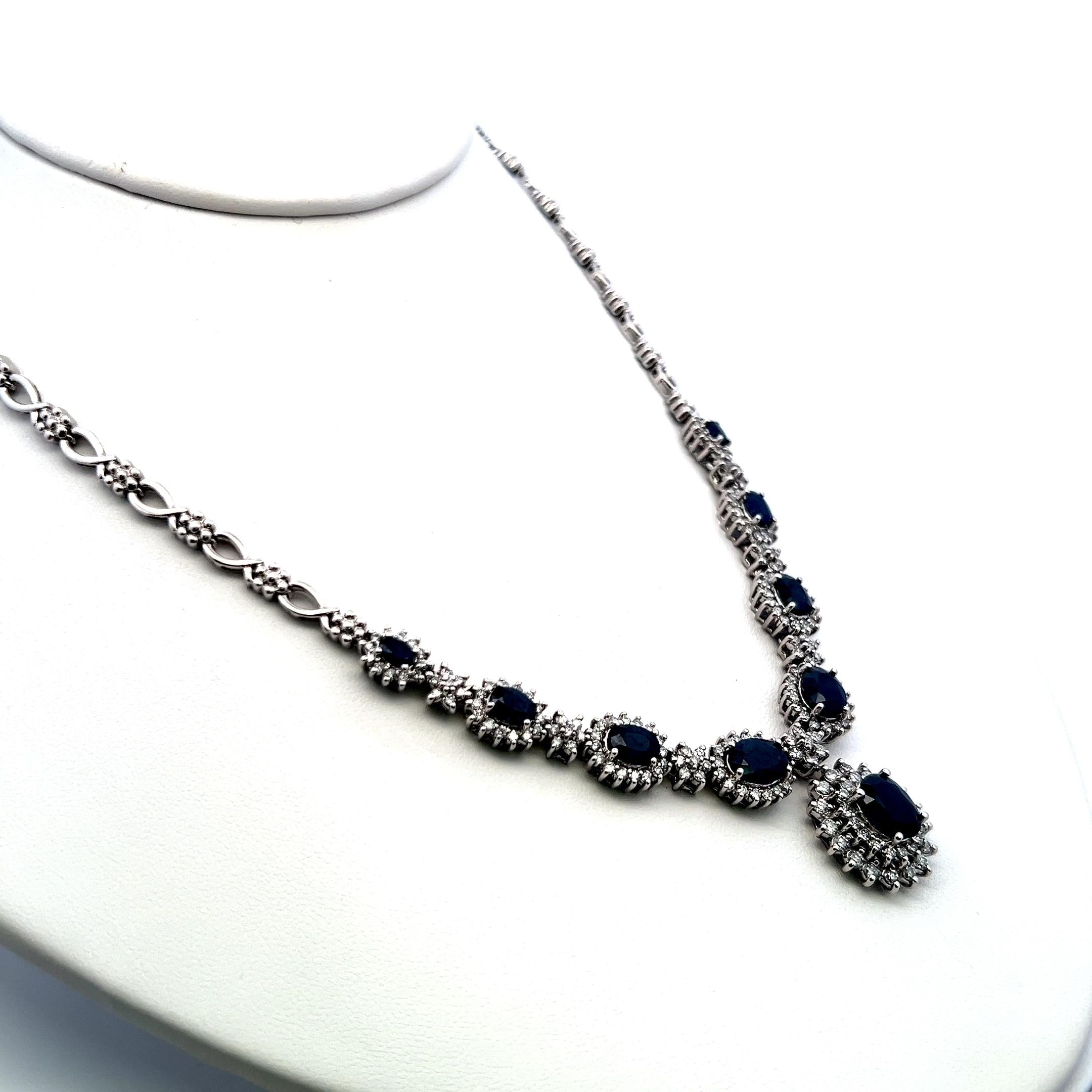 18K White Gold Riviera Necklace with 4ct Round H-VS Diamonds and 6.5ct Sapphires