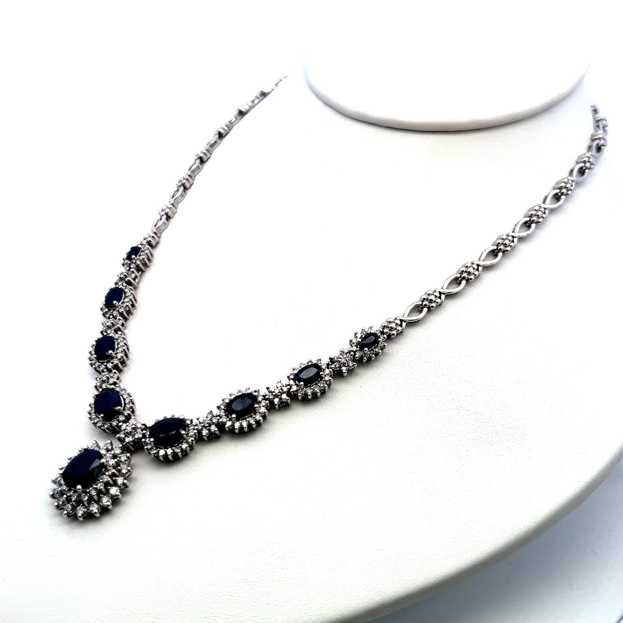 18K White Gold Riviera Necklace with 4ct Round H-VS Diamonds and 6.5ct Sapphires