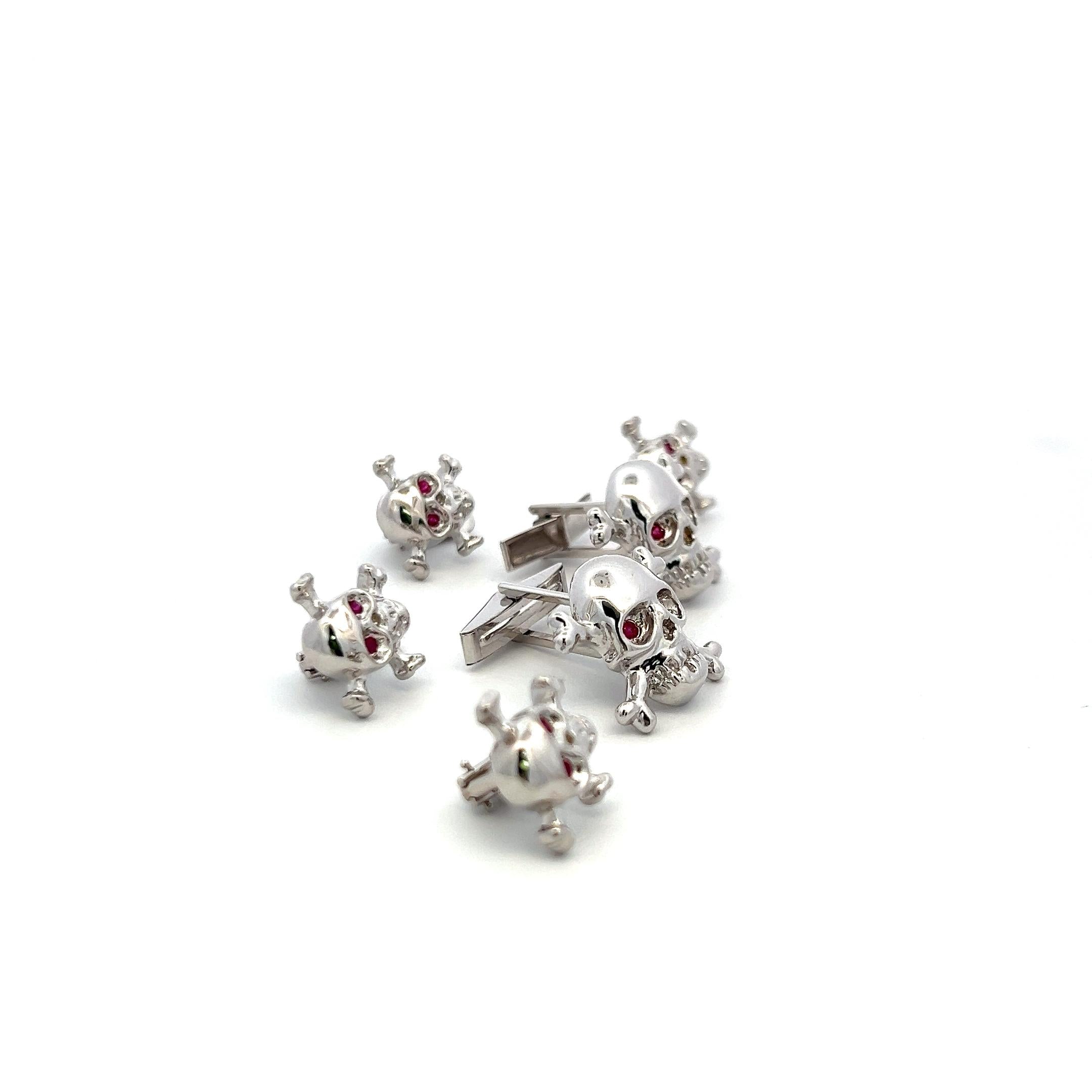 Vintage 18K White Gold Skull Locking Cufflinks and Buttons with 1 Carat Ruby