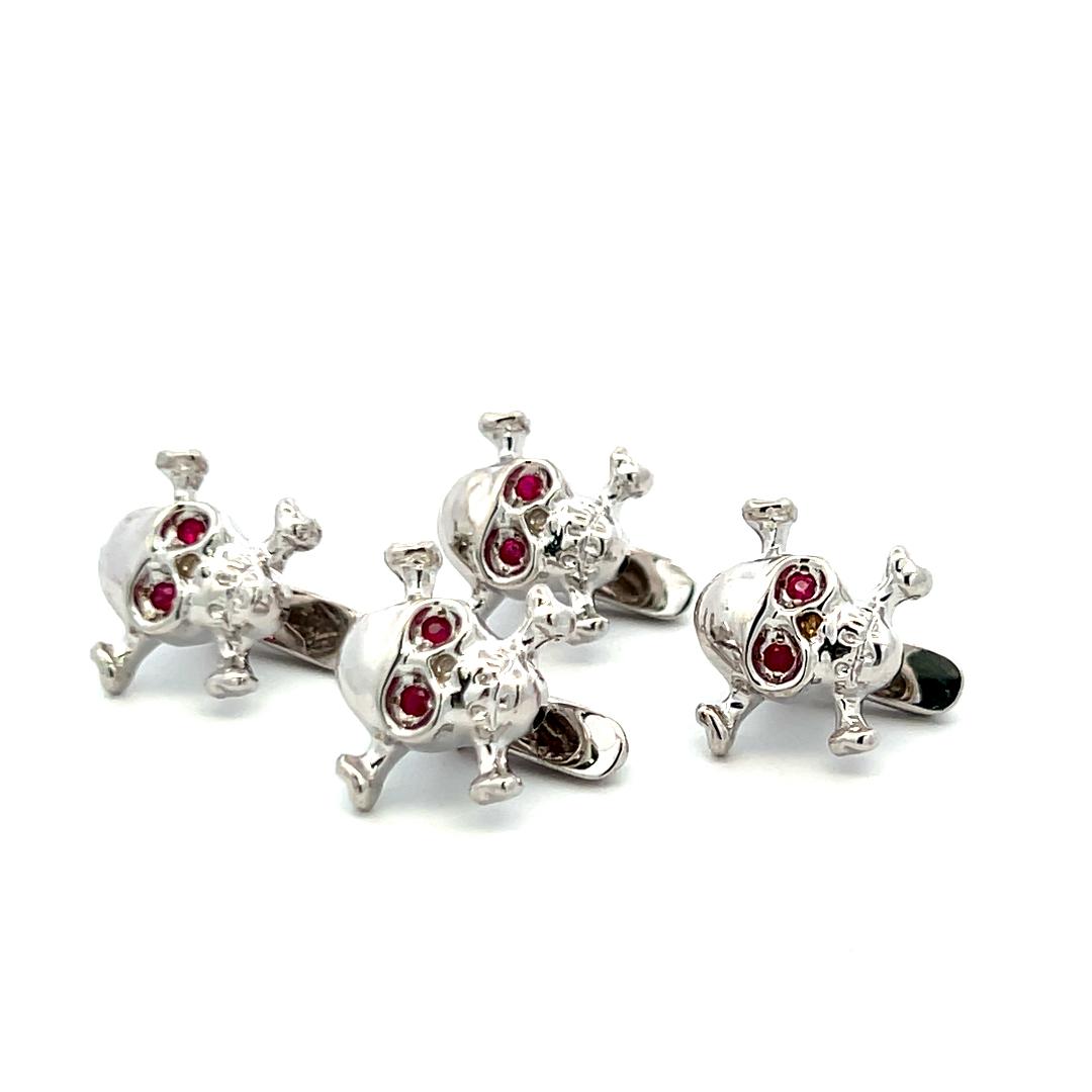 Vintage 18K White Gold Skull Locking Cufflinks and Buttons with 1 Carat Ruby