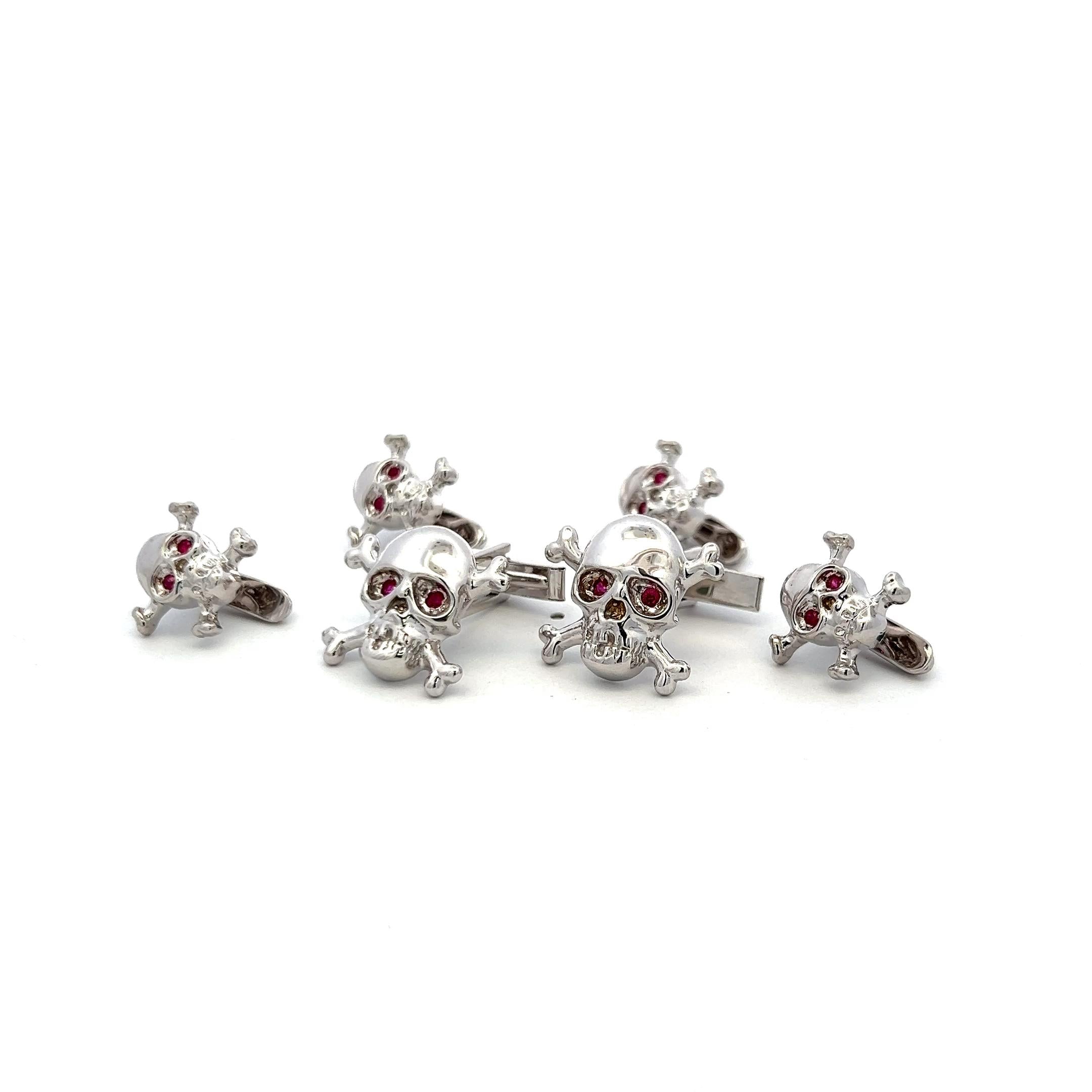 Vintage 18K White Gold Skull Locking Cufflinks and Buttons with 1 Carat Ruby