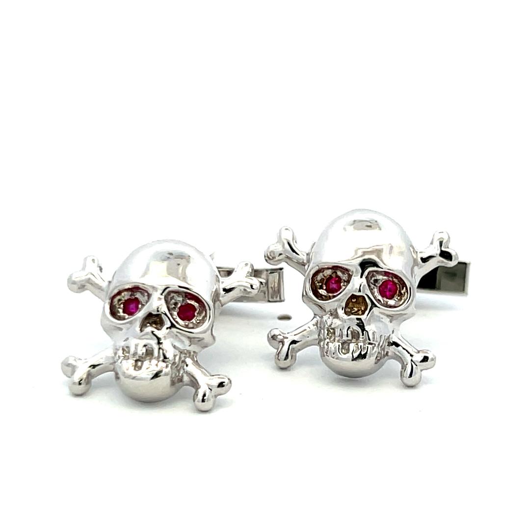 Vintage 18K White Gold Skull Locking Cufflinks and Buttons with 1 Carat Ruby