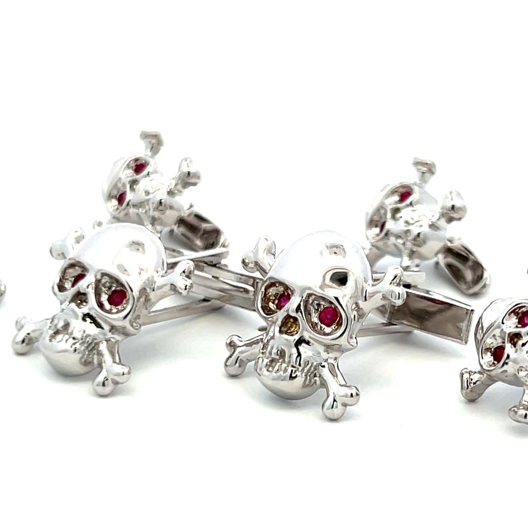 Vintage 18K White Gold Skull Locking Cufflinks and Buttons with 1 Carat Ruby