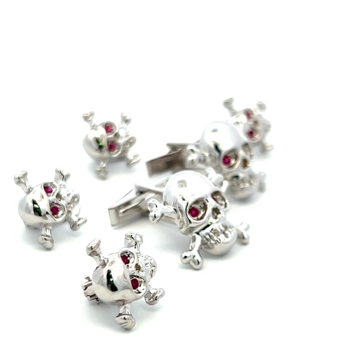 Vintage 18K White Gold Skull Locking Cufflinks and Buttons with 1 Carat Ruby