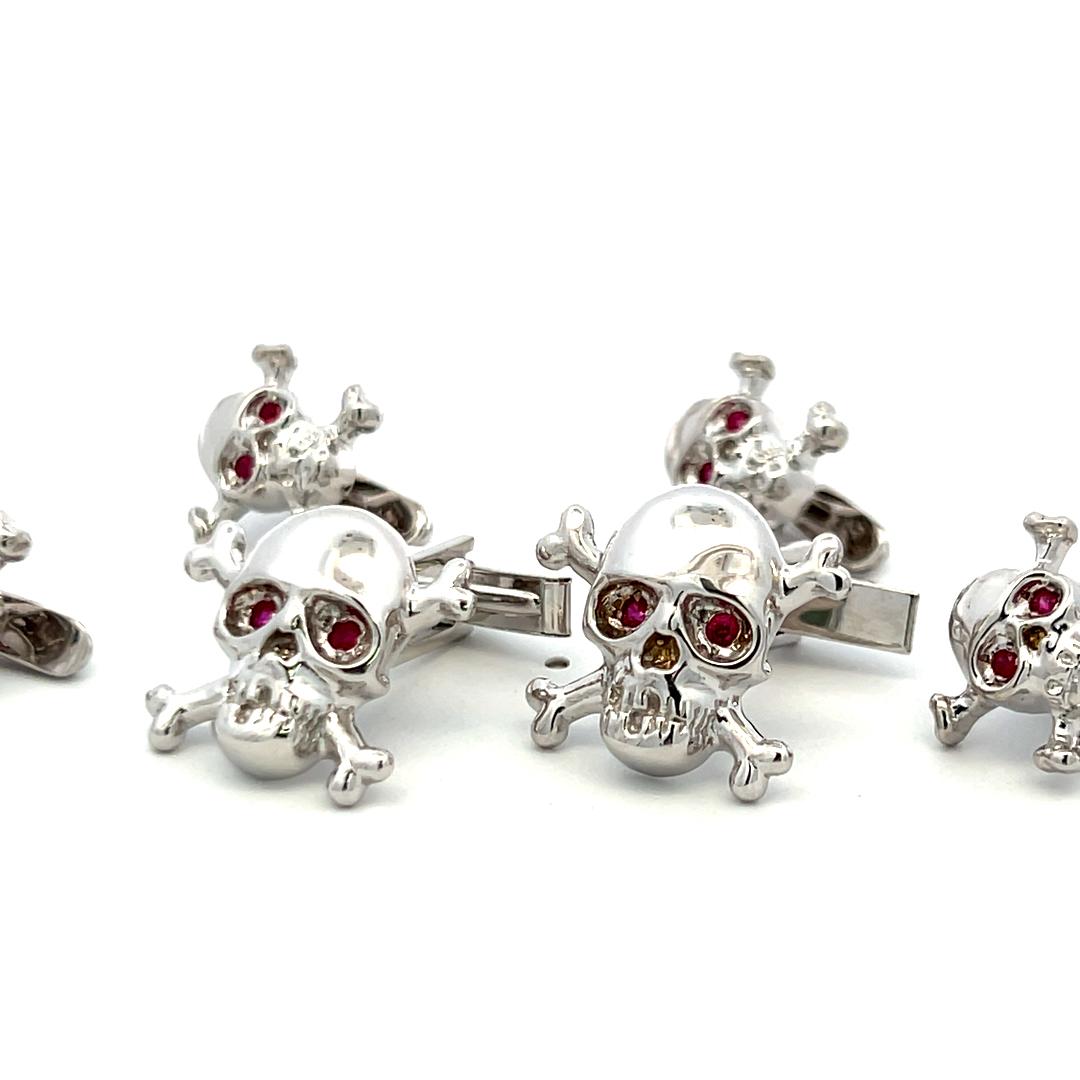 Vintage 18K White Gold Skull Locking Cufflinks and Buttons with 1 Carat Ruby
