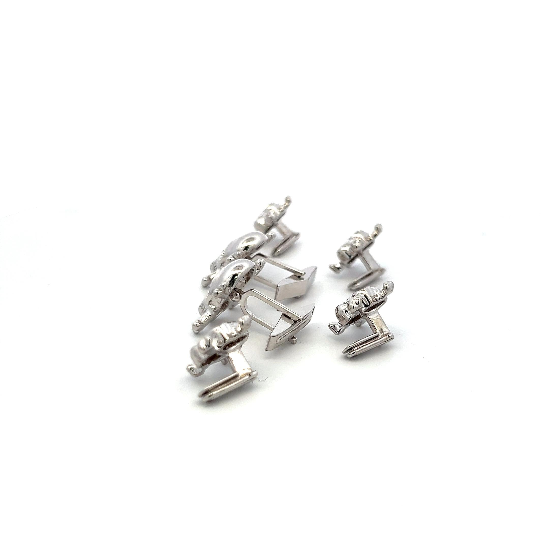 Vintage 18K White Gold Skull Locking Cufflinks and Buttons with 1 Carat Ruby