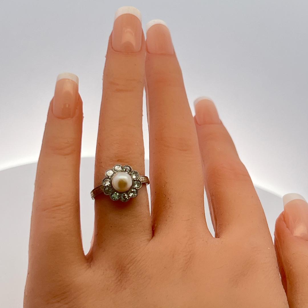 Vintage Pearl & Old European Cut Diamond Halo Ring in 14K White Gold