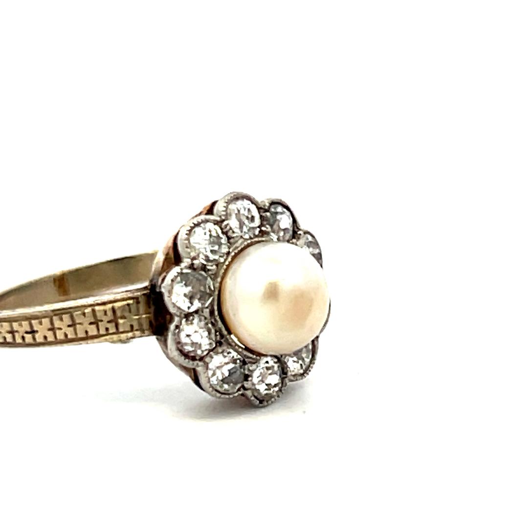 Vintage Pearl & Old European Cut Diamond Halo Ring in 14K White Gold