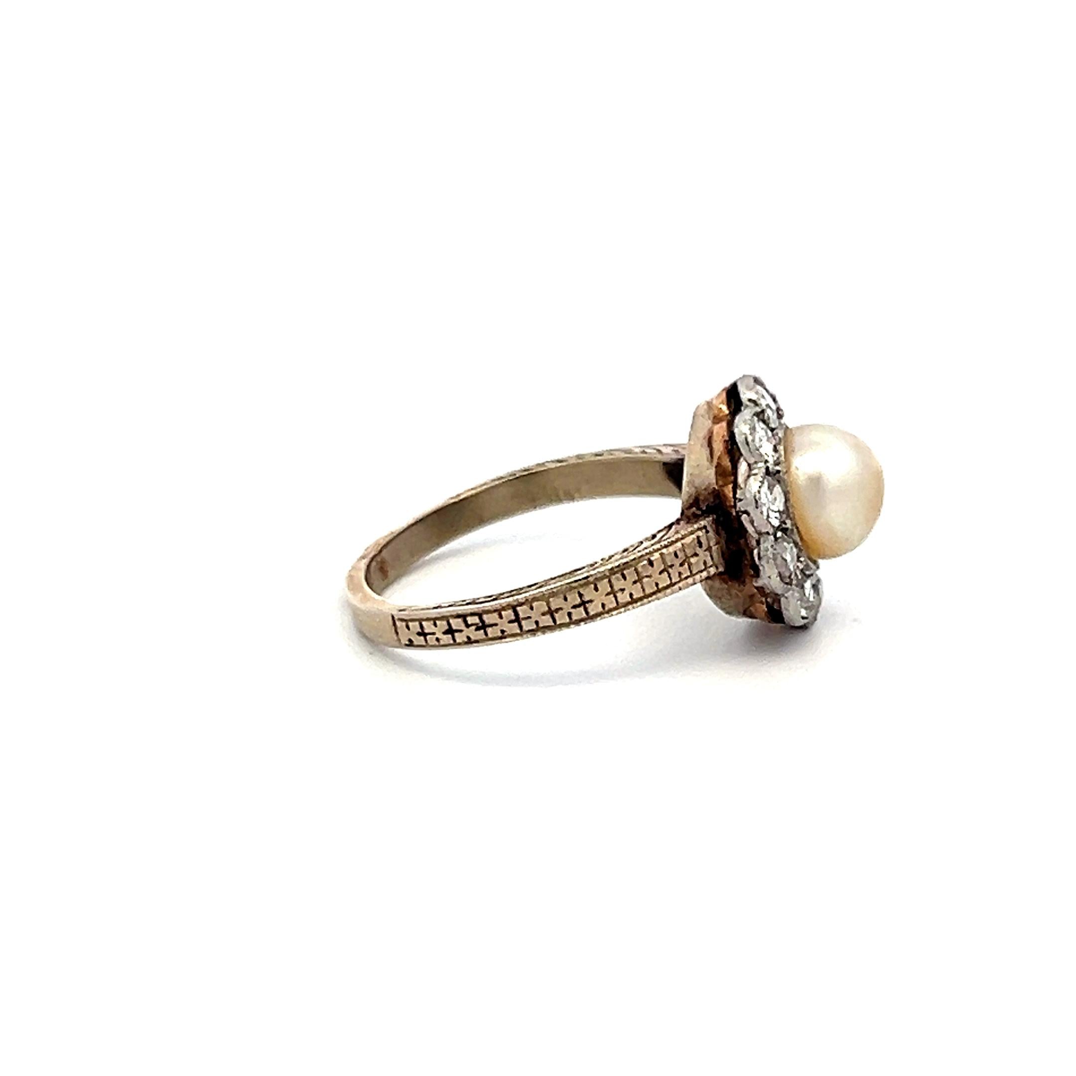 Vintage Pearl & Old European Cut Diamond Halo Ring in 14K White Gold