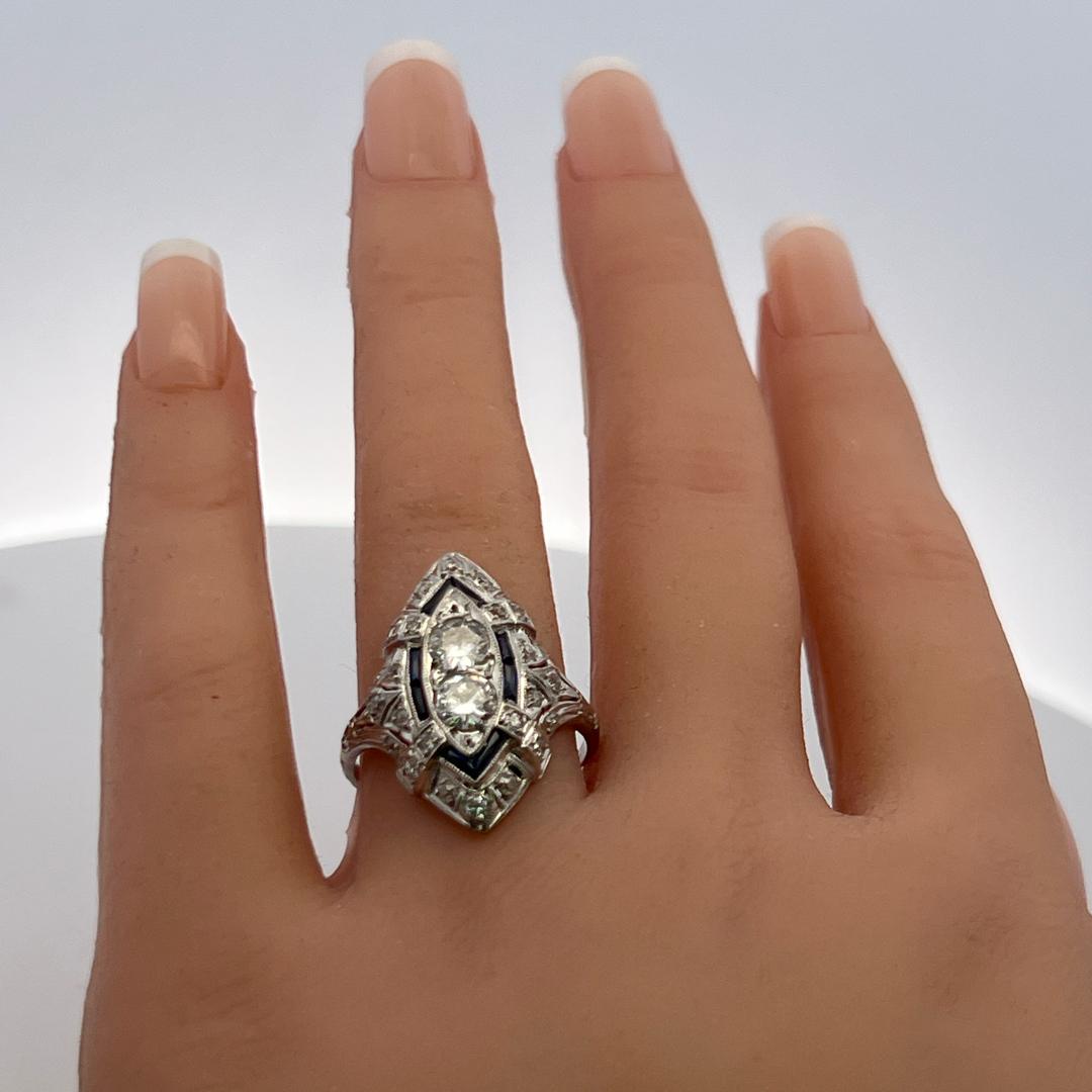 Platinum Art Deco Ring with 1 Carat Diamond & 0.32 Carat Sapphire Size 8.75