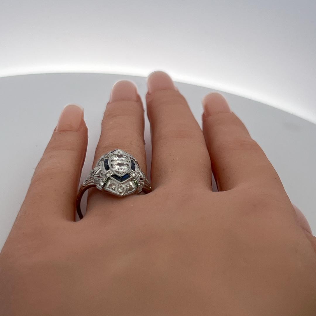 Platinum Art Deco Ring with 1 Carat Diamond & 0.32 Carat Sapphire Size 8.75