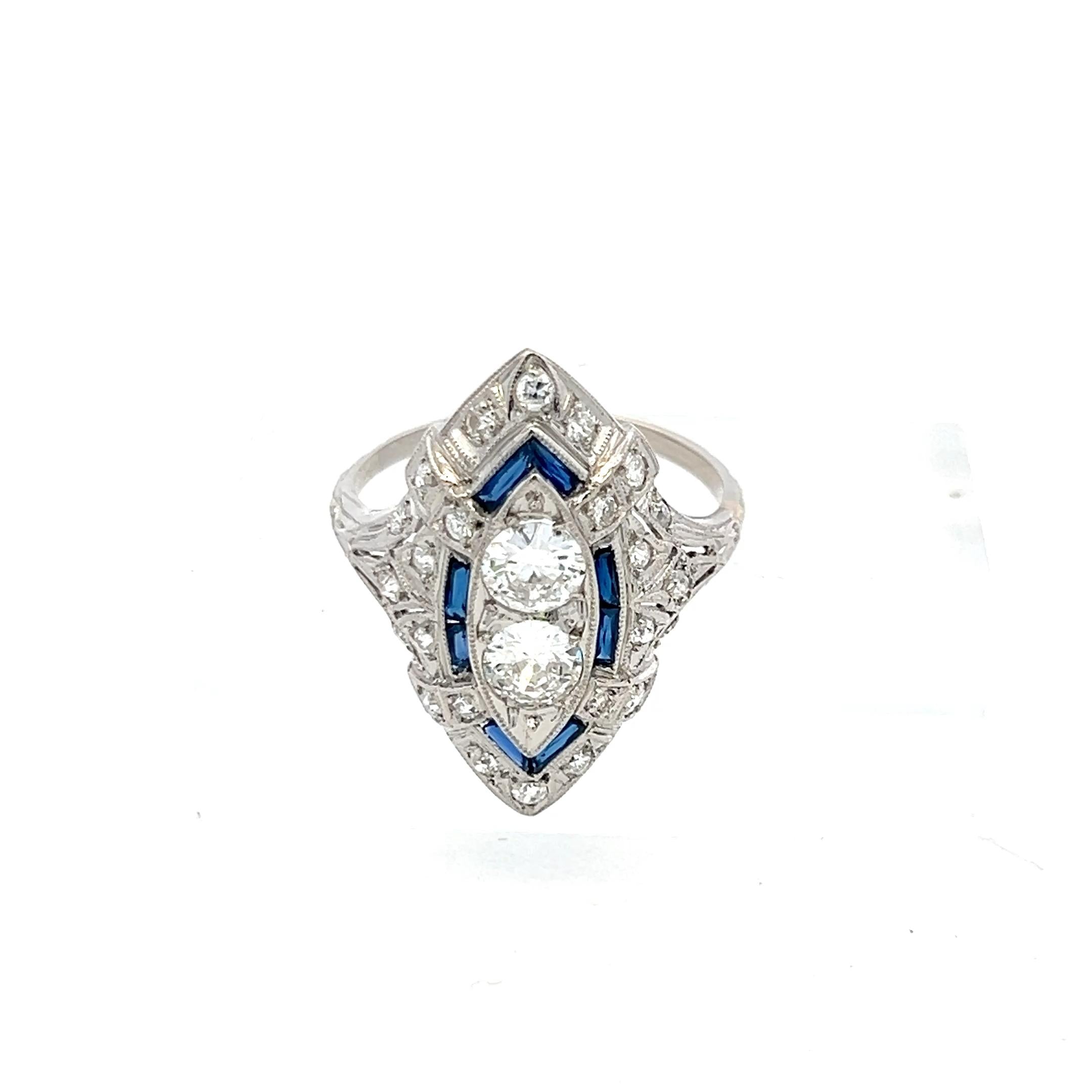 Platinum Art Deco Ring with 1 Carat Diamond & 0.32 Carat Sapphire Size 8.75