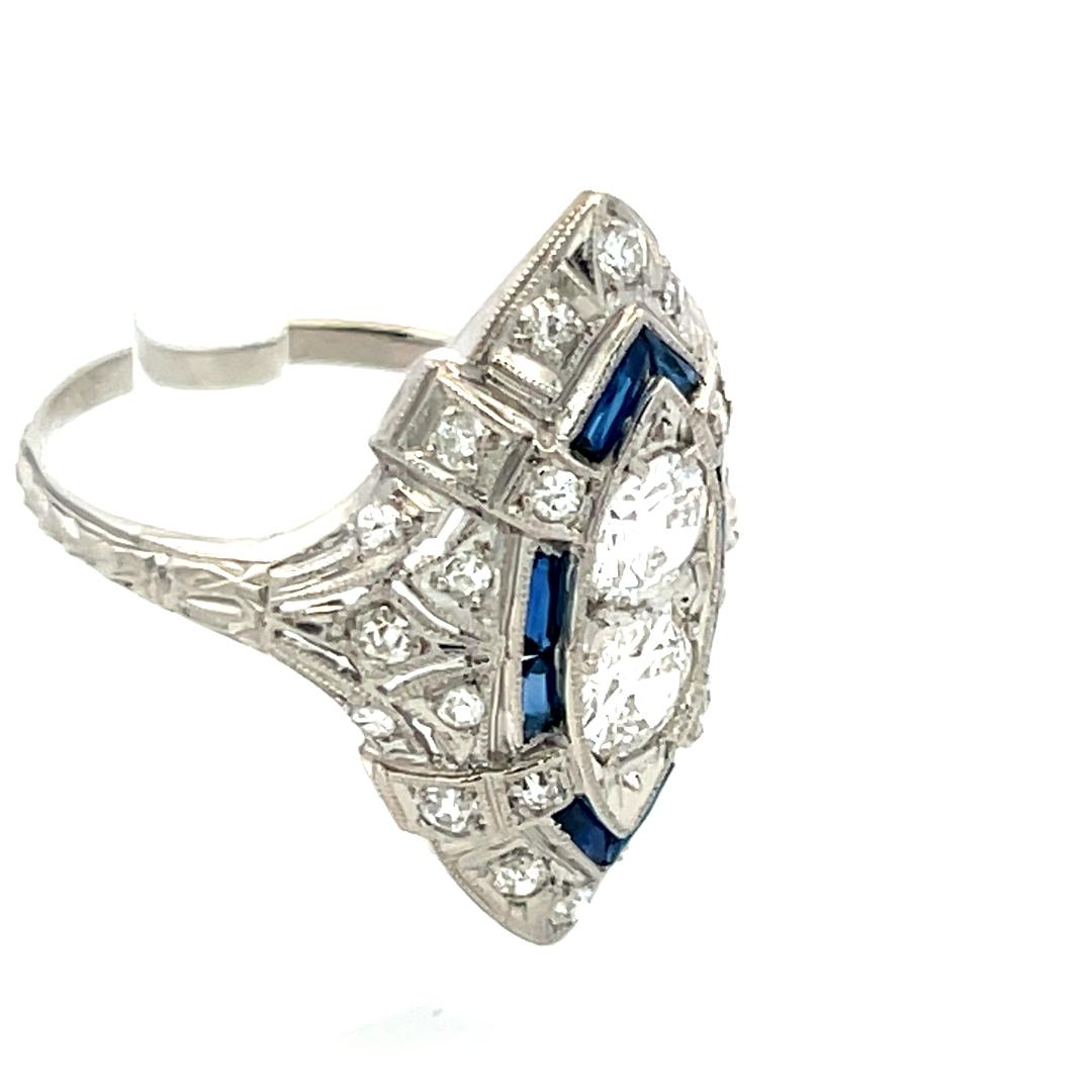 Platinum Art Deco Ring with 1 Carat Diamond & 0.32 Carat Sapphire Size 8.75