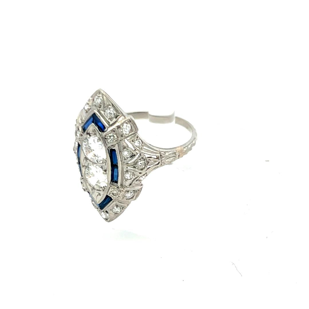 Platinum Art Deco Ring with 1 Carat Diamond & 0.32 Carat Sapphire Size 8.75
