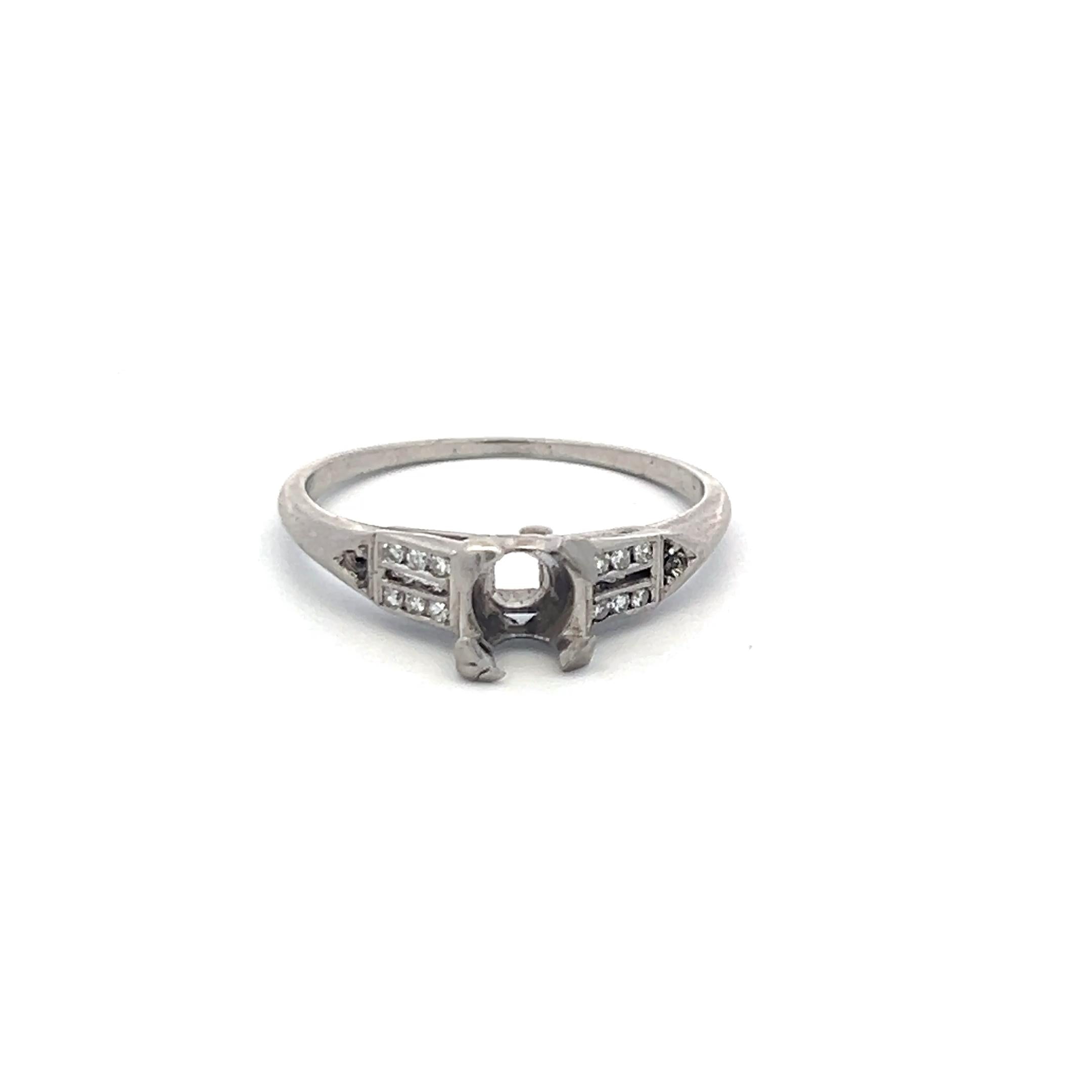 Vintage Platinum Semi Mount Ring with 0.06 Carat Diamond Accents Fit 5MM Stone