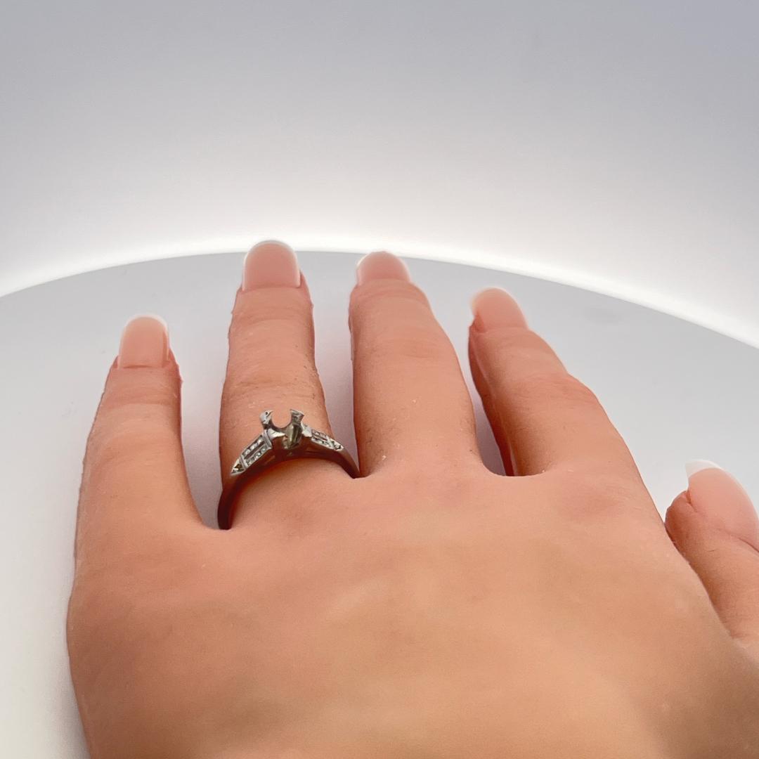 Vintage Platinum Semi Mount Ring with 0.06 Carat Diamond Accents Fit 5MM Stone