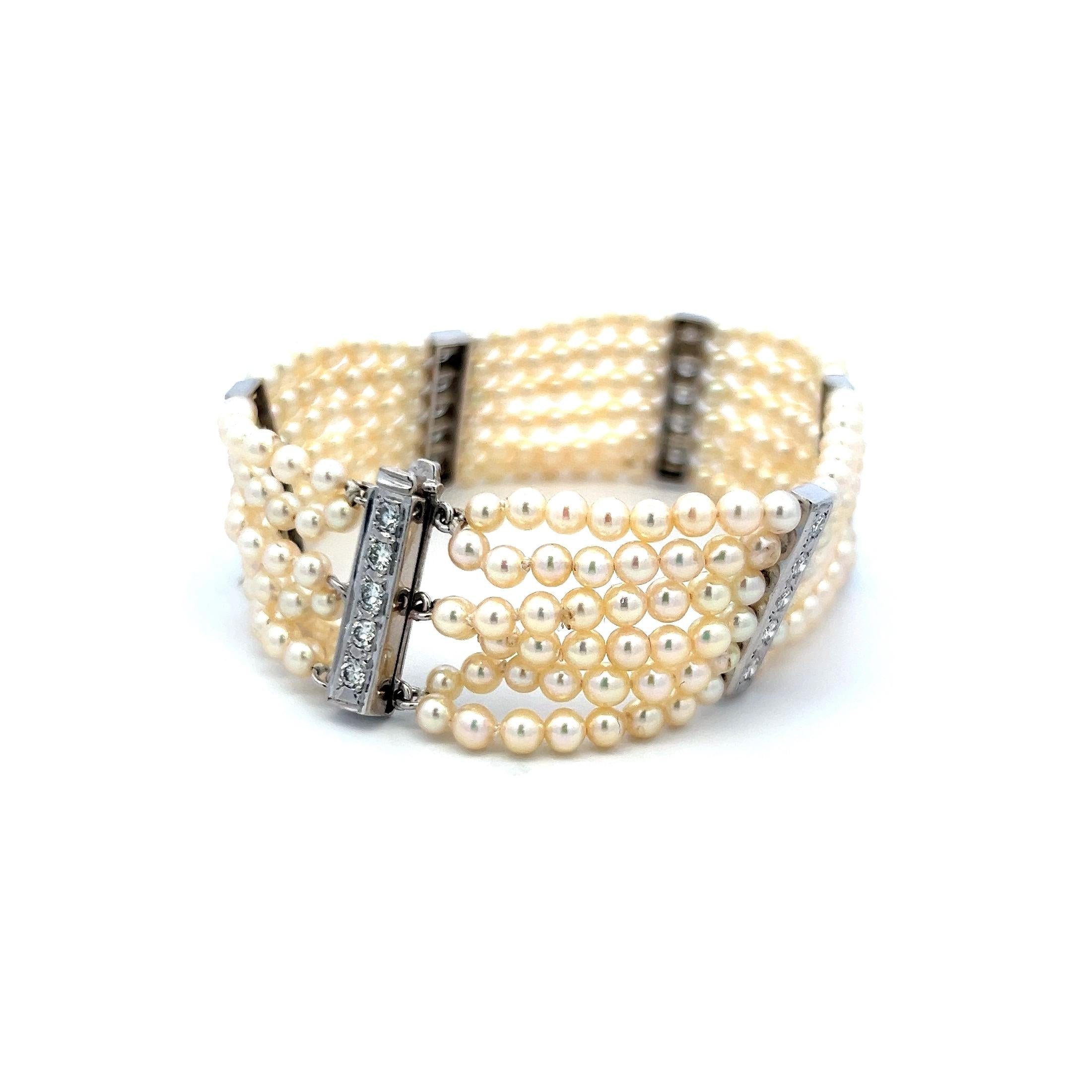 3–3.5mm Pearl Bracelet with 0.90ct H VS Diamonds in 14K White Gold