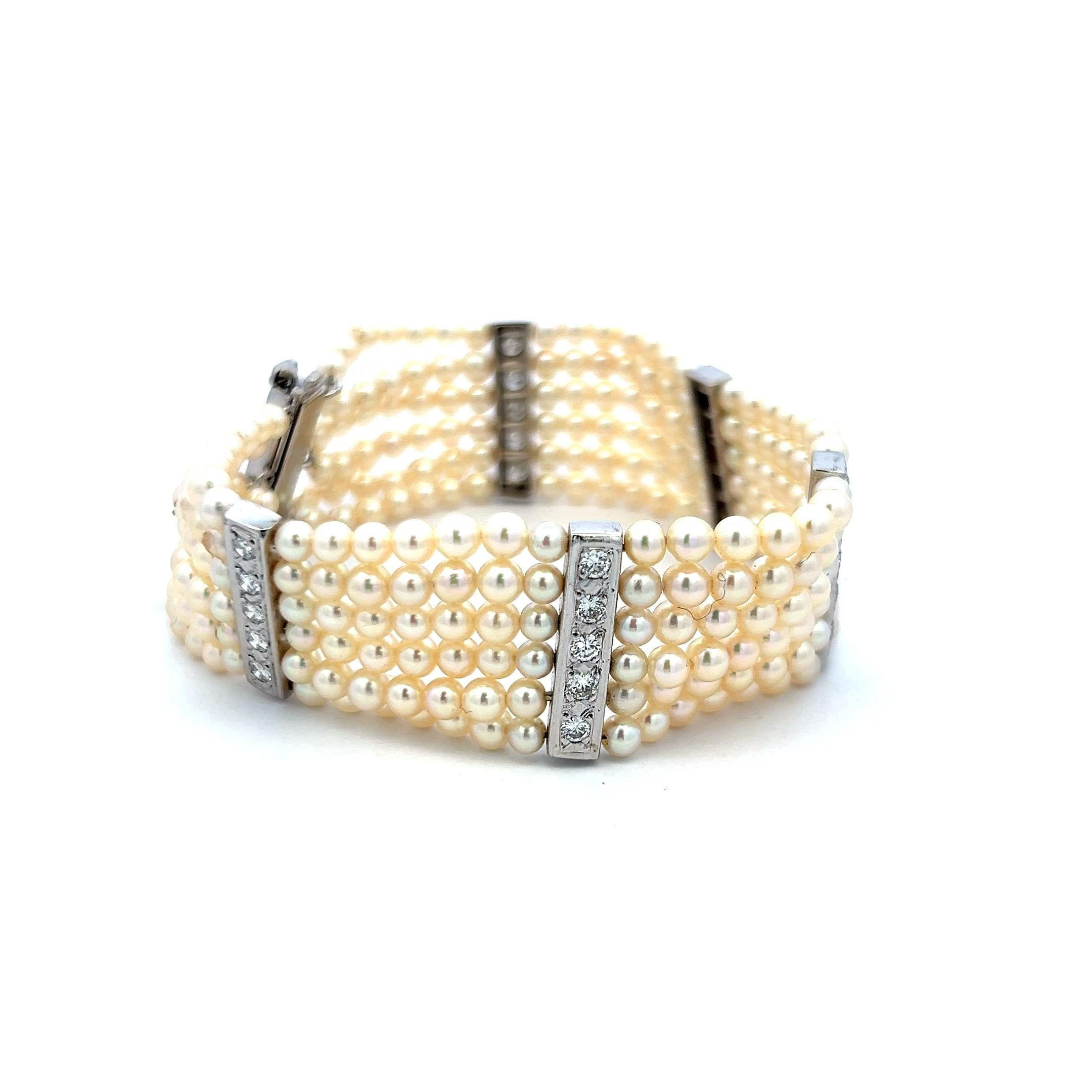 3–3.5mm Pearl Bracelet with 0.90ct H VS Diamonds in 14K White Gold