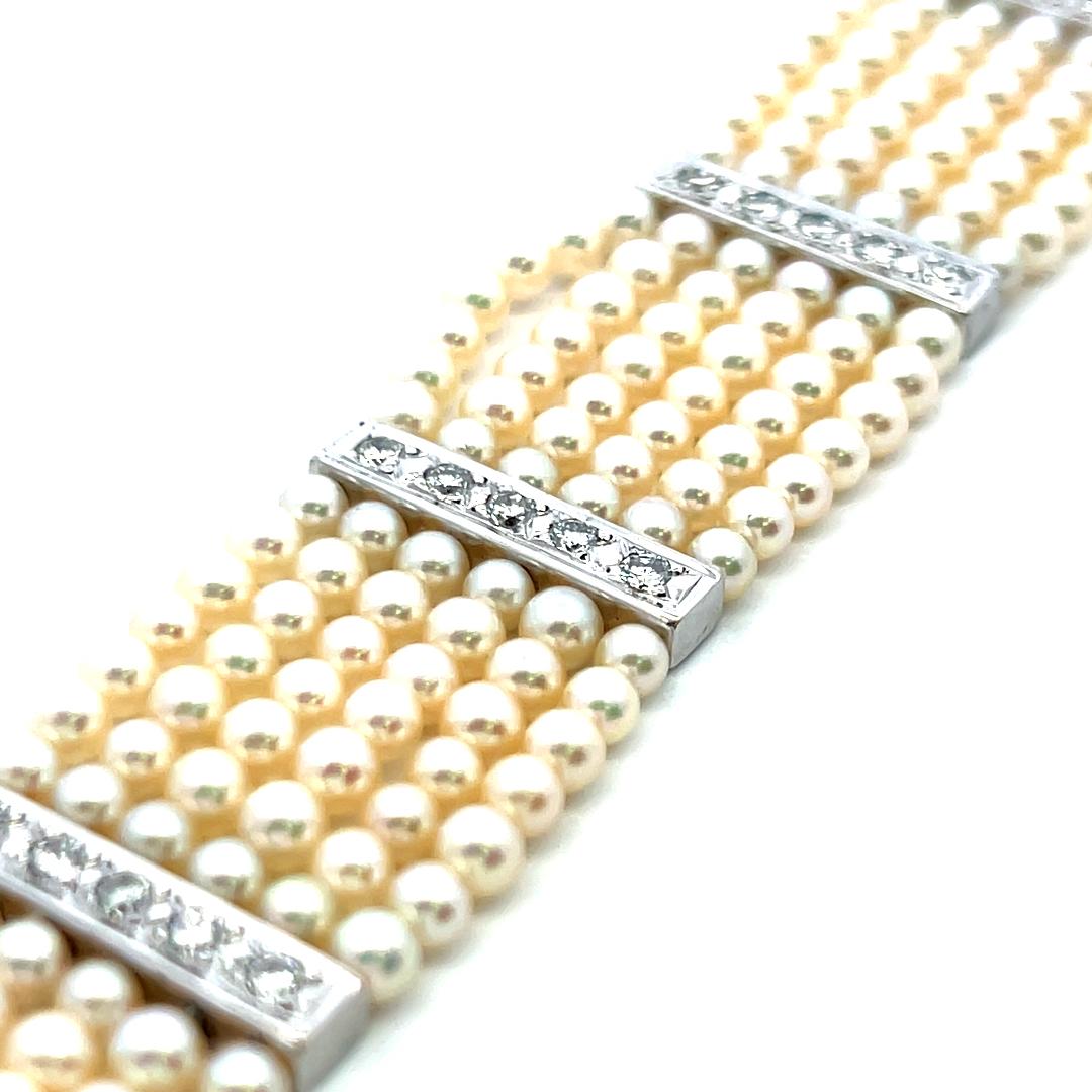 3–3.5mm Pearl Bracelet with 0.90ct H VS Diamonds in 14K White Gold