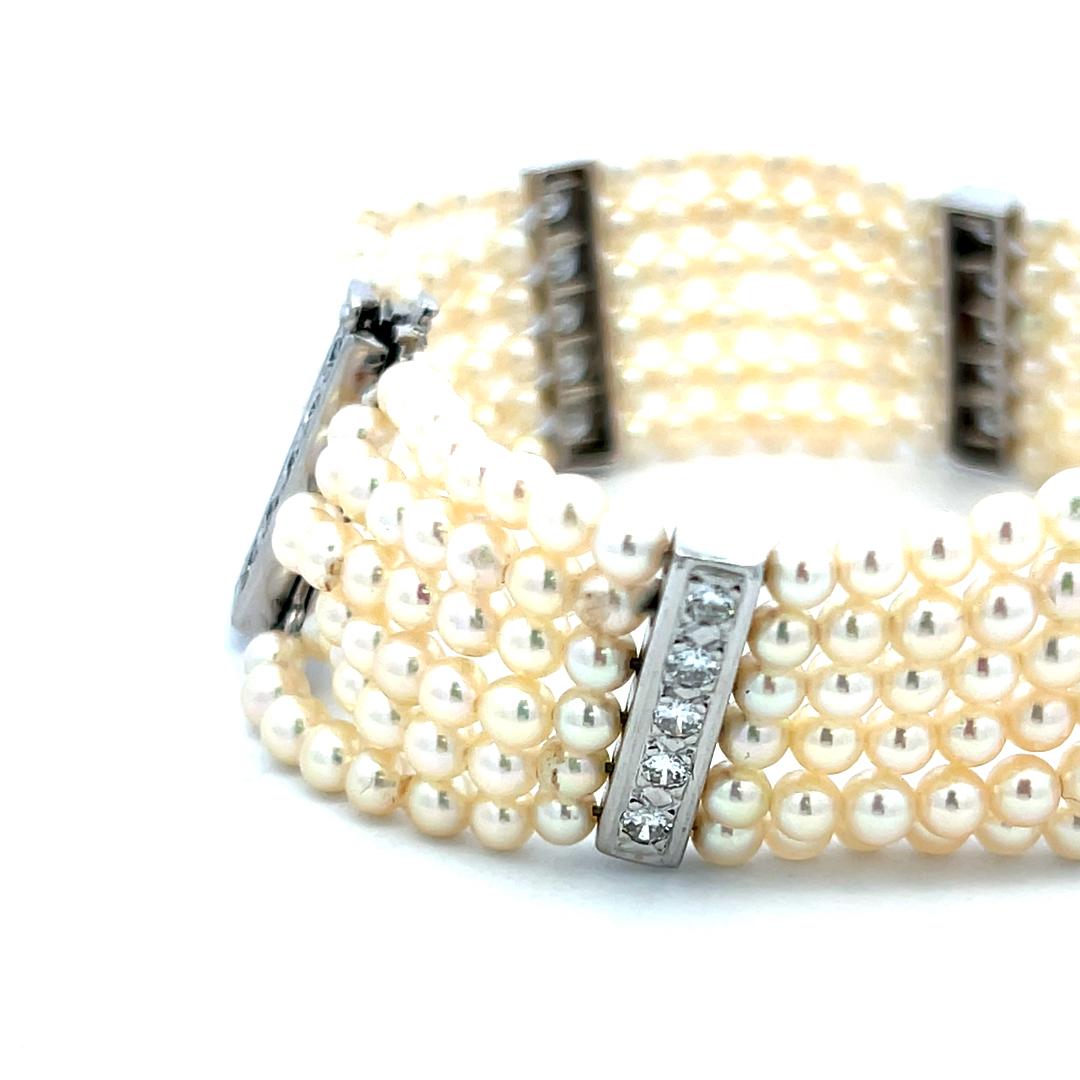 3–3.5mm Pearl Bracelet with 0.90ct H VS Diamonds in 14K White Gold