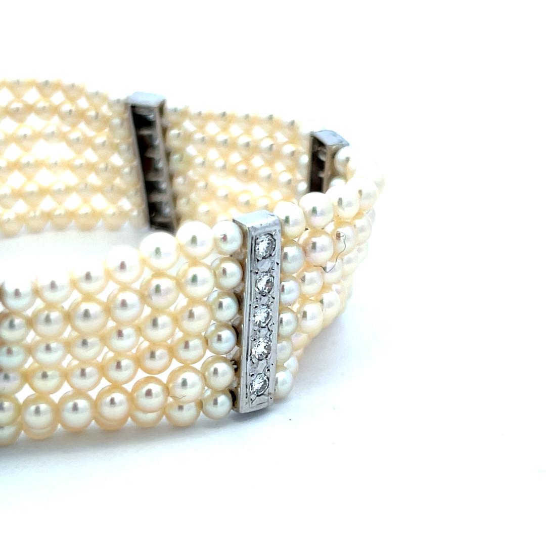 3–3.5mm Pearl Bracelet with 0.90ct H VS Diamonds in 14K White Gold