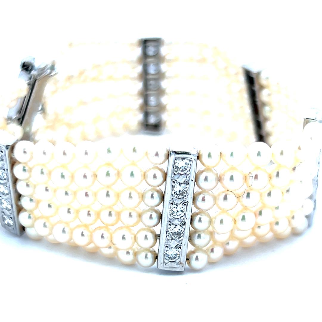 3–3.5mm Pearl Bracelet with 0.90ct H VS Diamonds in 14K White Gold