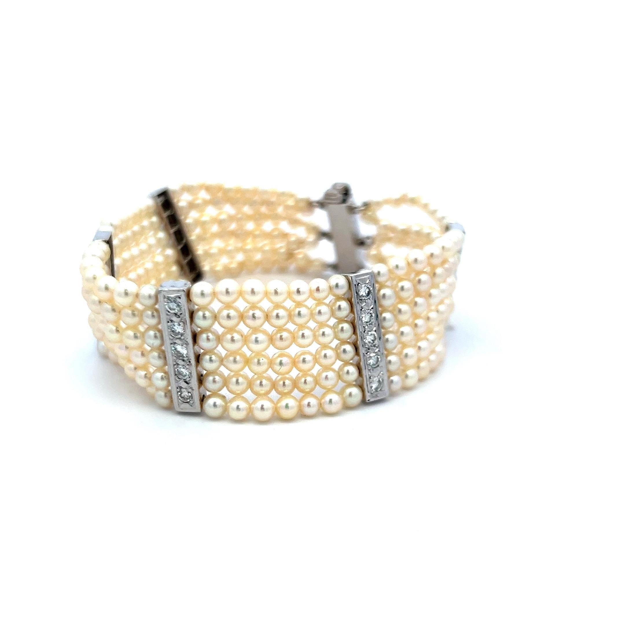 3–3.5mm Pearl Bracelet with 0.90ct H VS Diamonds in 14K White Gold