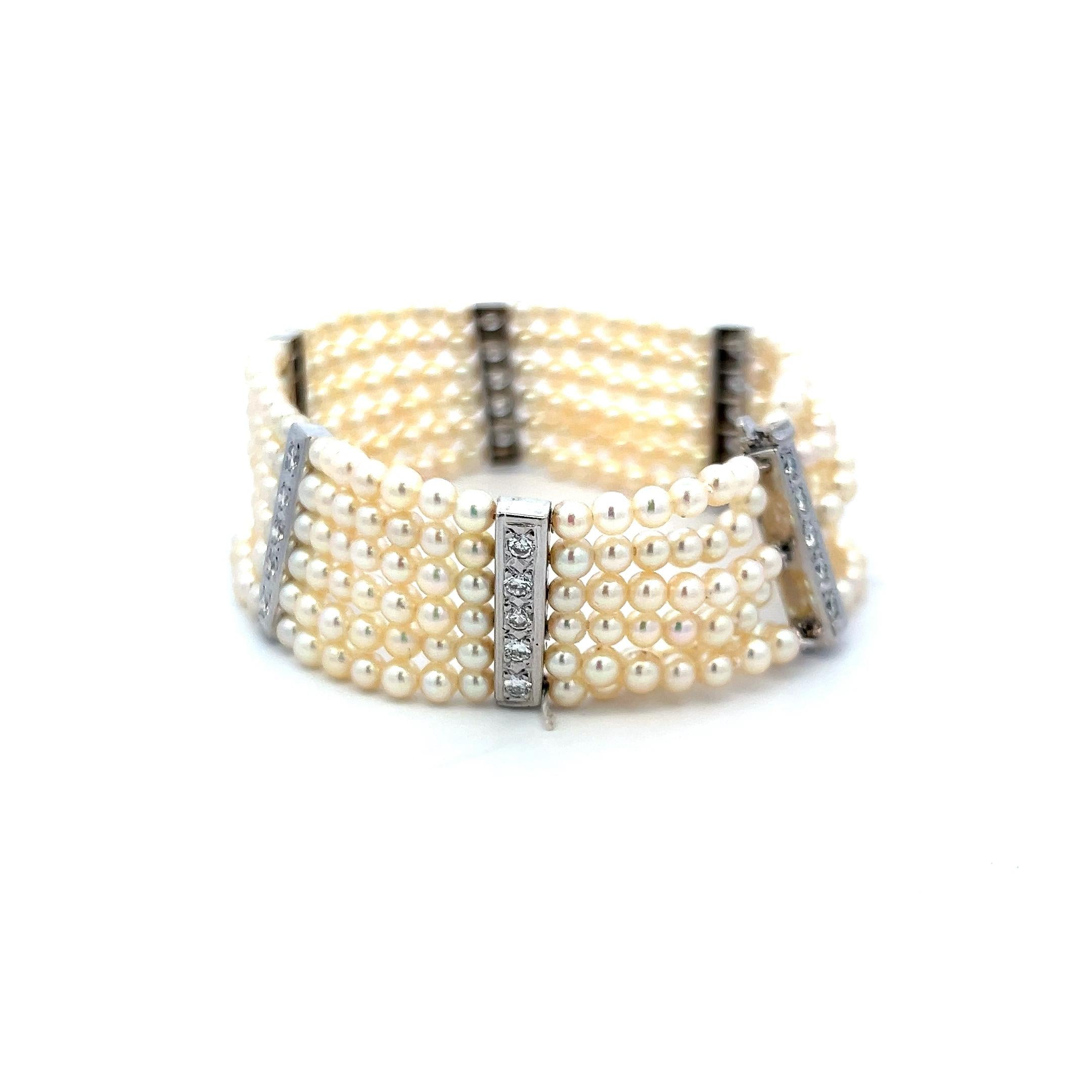 3–3.5mm Pearl Bracelet with 0.90ct H VS Diamonds in 14K White Gold