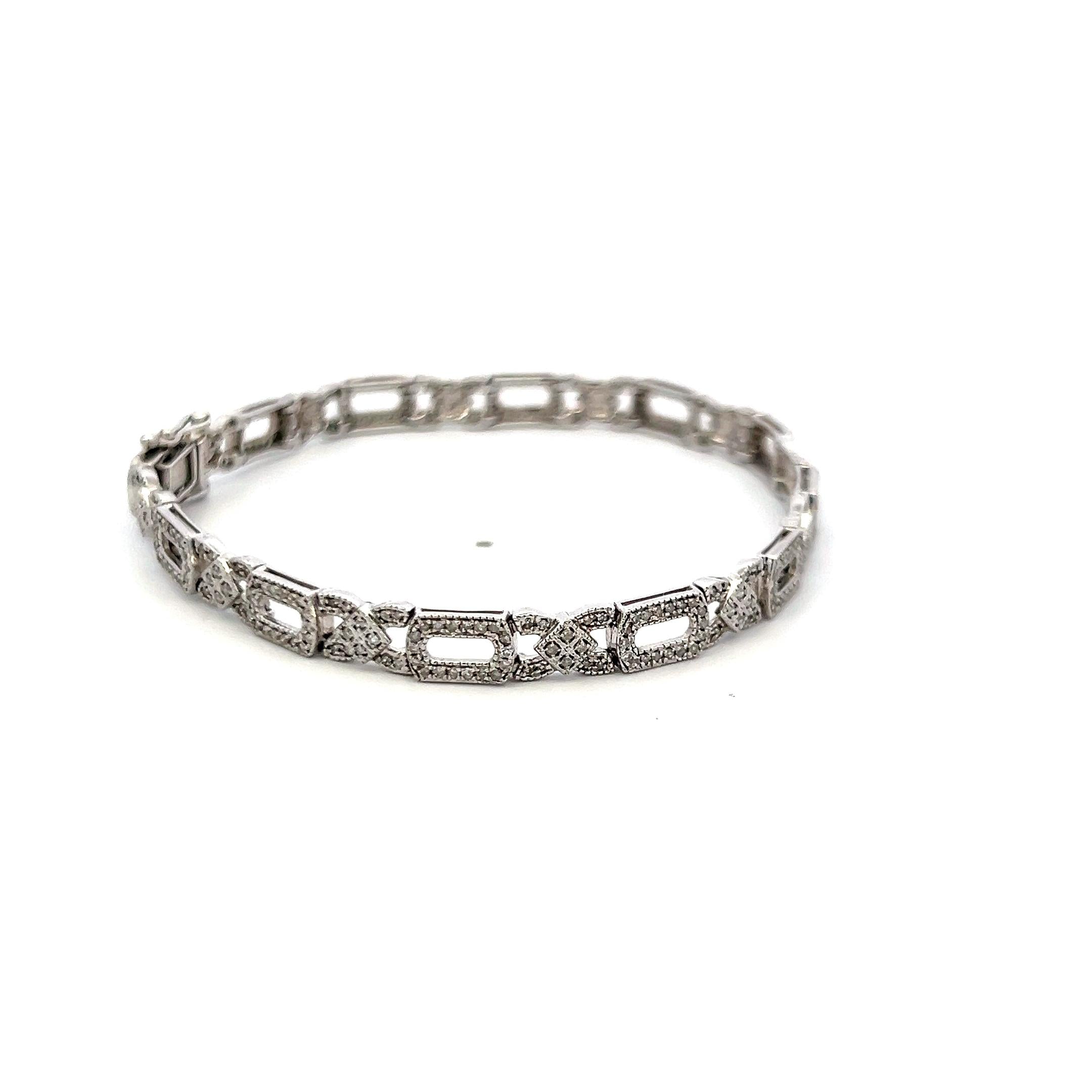 Vintage 14 Karat White Gold Link Bracelet with 1 Carat Round I-SI Diamonds