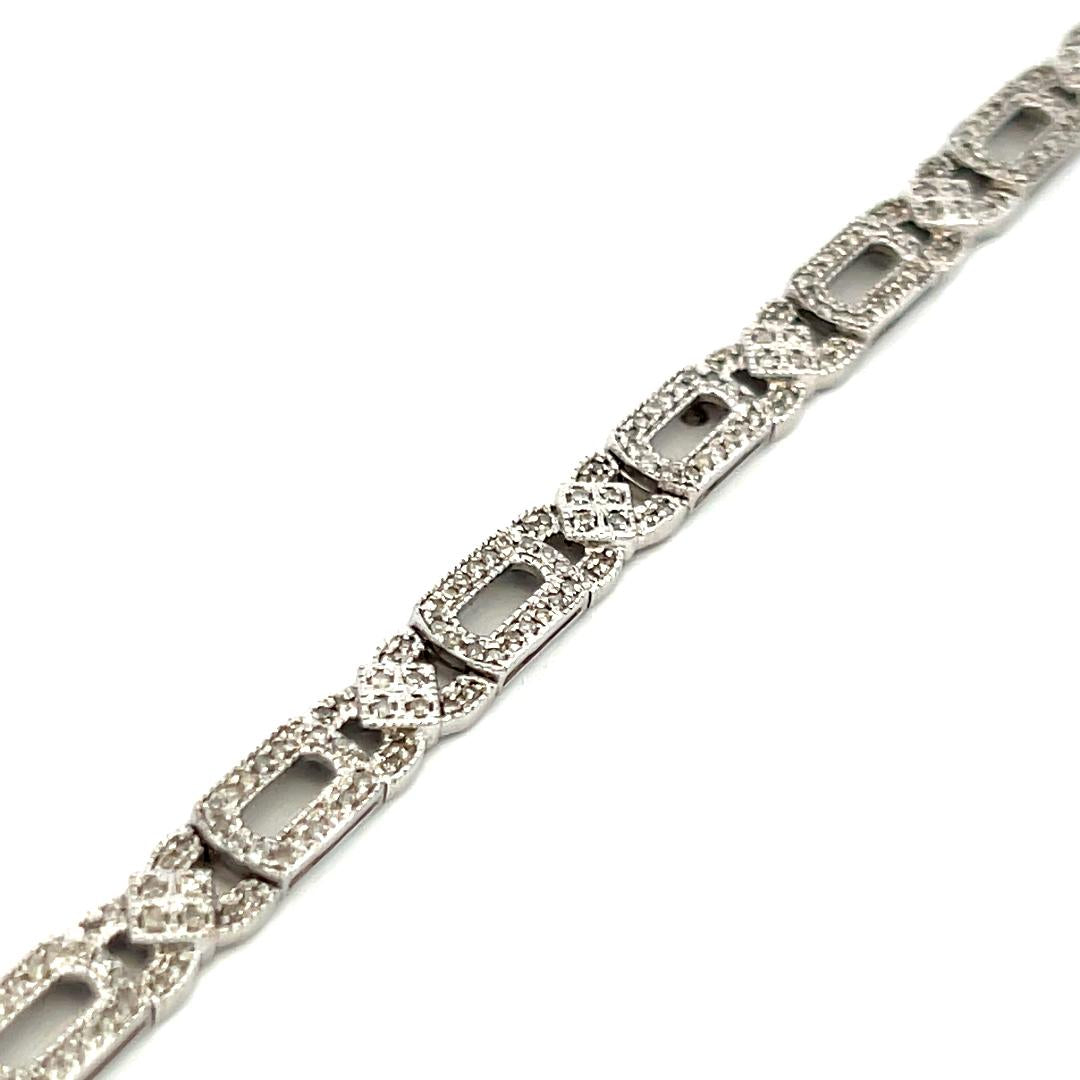 Vintage 14 Karat White Gold Link Bracelet with 1 Carat Round I-SI Diamonds