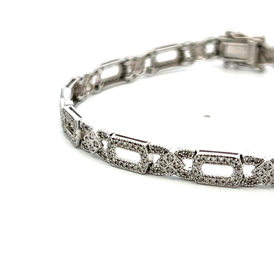 Vintage 14 Karat White Gold Link Bracelet with 1 Carat Round I-SI Diamonds