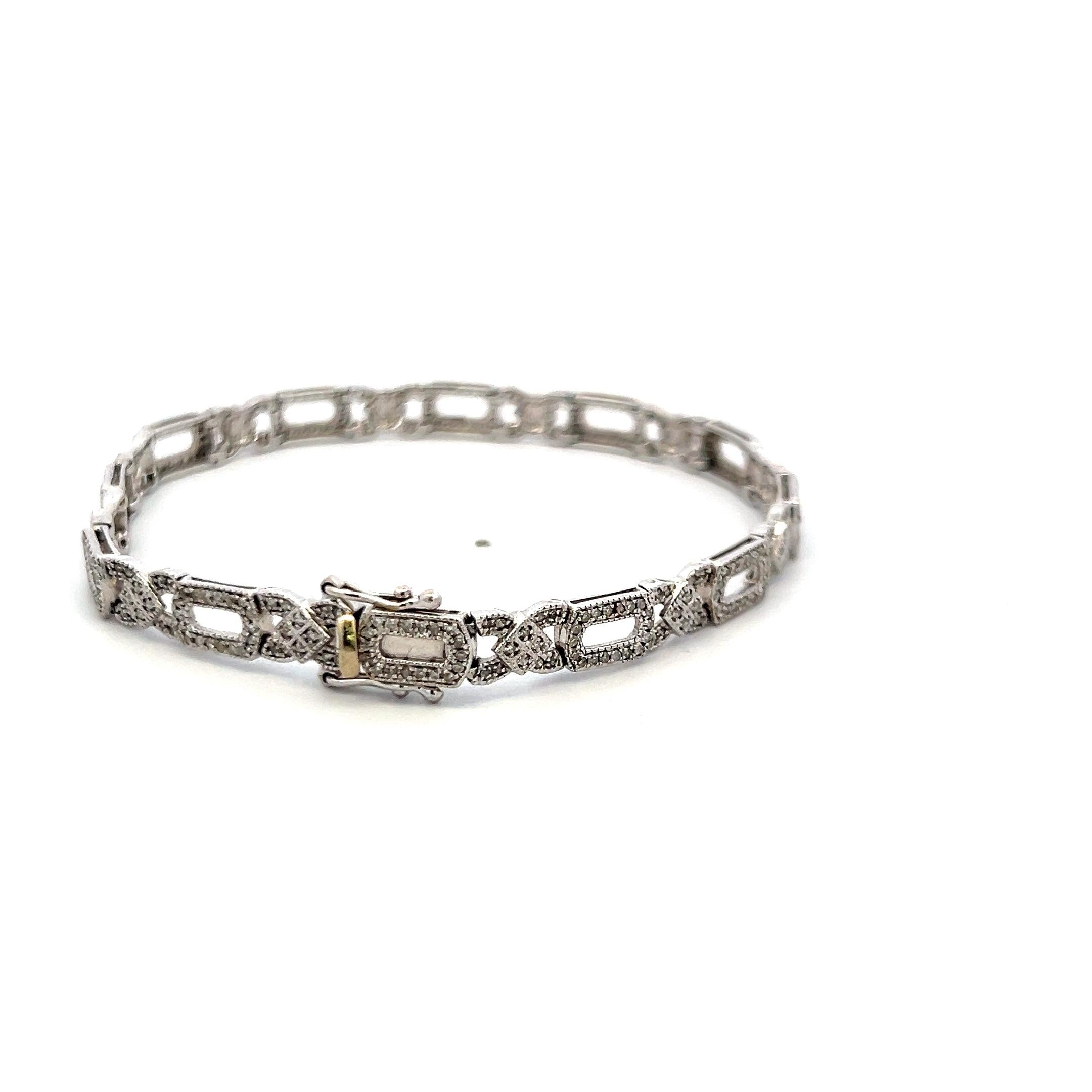 Vintage 14 Karat White Gold Link Bracelet with 1 Carat Round I-SI Diamonds