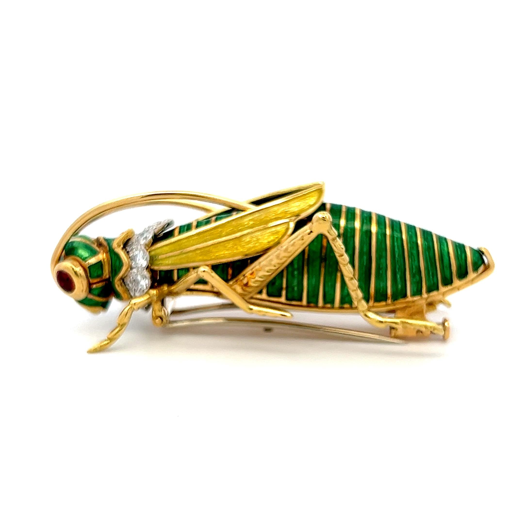 18K YG Platinum Grasshopper Pin Brooch with 1ct Round Diamonds and 0.25ct Rubies