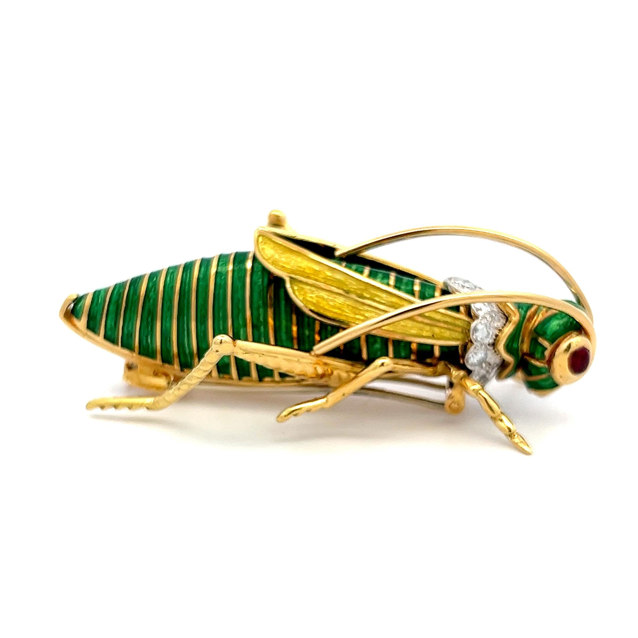 18K YG Platinum Grasshopper Pin Brooch with 1ct Round Diamonds and 0.25ct Rubies