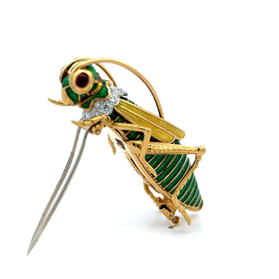 18K YG Platinum Grasshopper Pin Brooch with 1ct Round Diamonds and 0.25ct Rubies