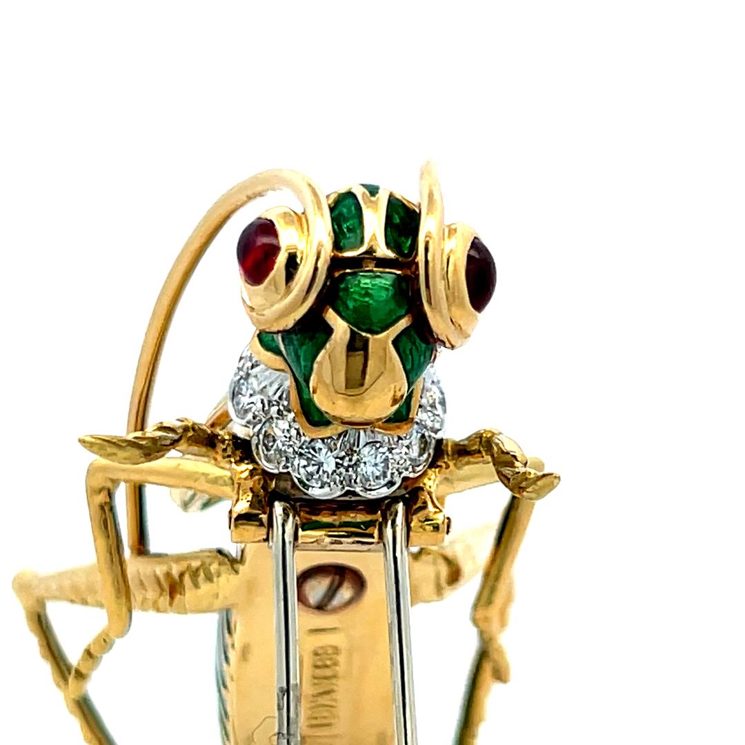 18K YG Platinum Grasshopper Pin Brooch with 1ct Round Diamonds and 0.25ct Rubies