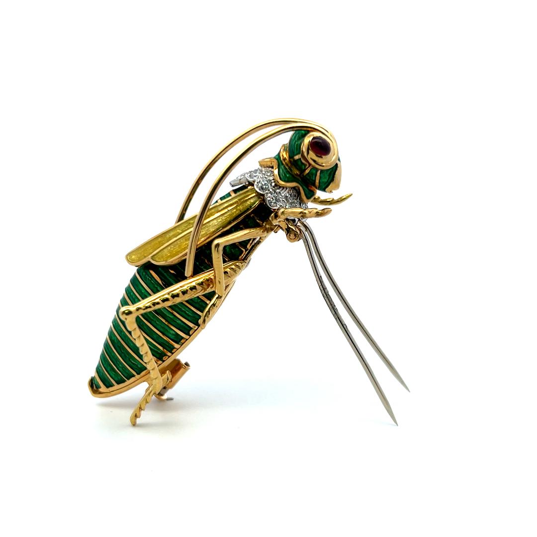 18K YG Platinum Grasshopper Pin Brooch with 1ct Round Diamonds and 0.25ct Rubies