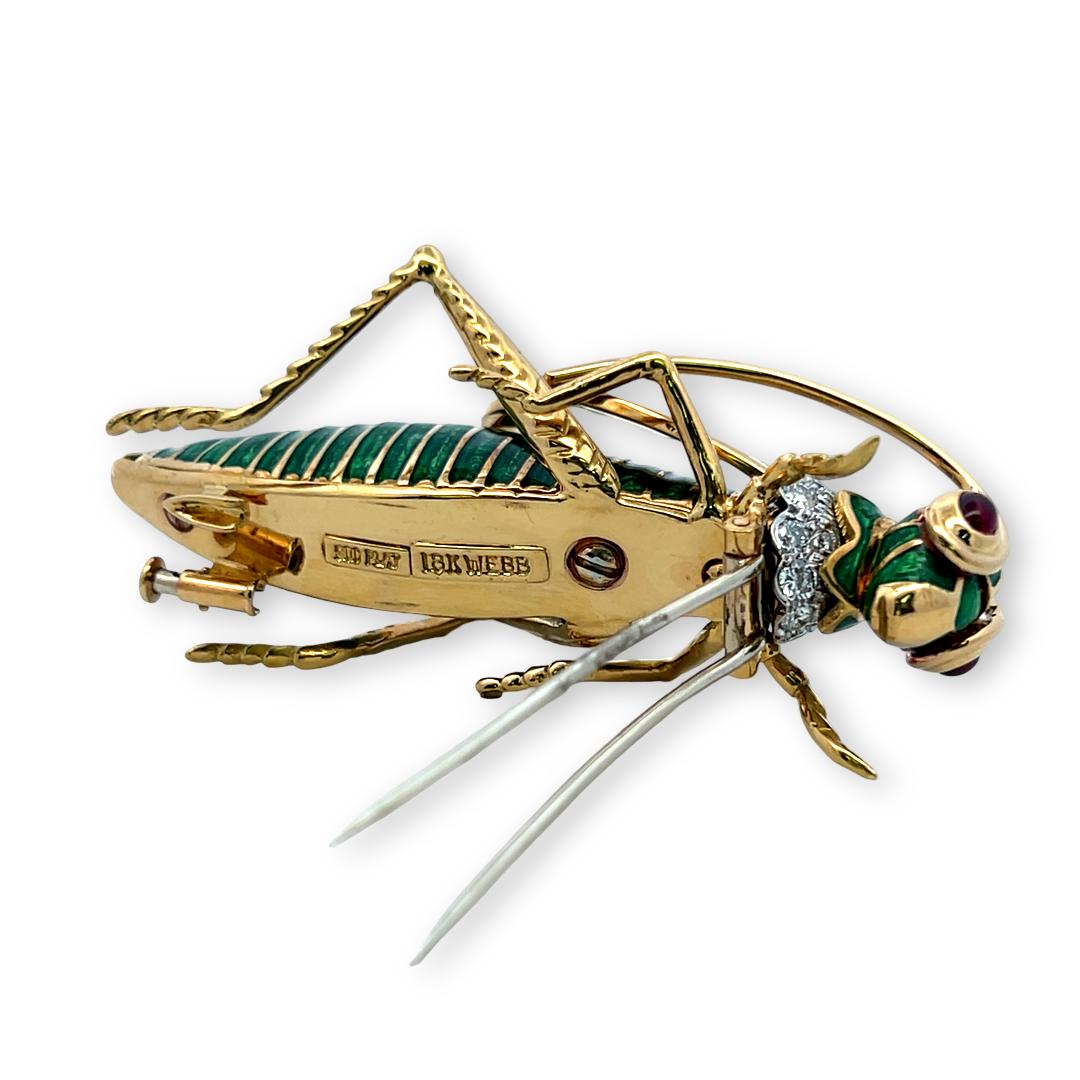 18K YG Platinum Grasshopper Pin Brooch with 1ct Round Diamonds and 0.25ct Rubies